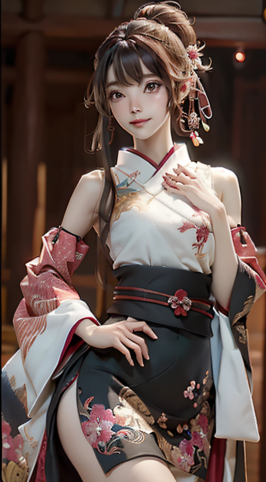 Official art, 统一 8k 壁纸, ultra-detailliert, Beautifully Aesthetic, masterpiece, top-quality, (Zentangle, Tangles, Entanglement), (Fractal Art: 1.4), 1girl in, A dark-haired, japanse, bare shoulders, a short skirt, Calf, a navel, ighly detailed, dynamic ungle, cowboy shot, (The most beautiful forms of chaos), A flowing, (bright colour), nffsw, (half: 1.2), japanese-inspired, (Tanka Flying Sky: 1.5), (bow ribbon: 1.3), (Dreams: 1.5), (Han Feng: 1.5), Japan Phoenix、(A smile:0.5)、(japanese god)、