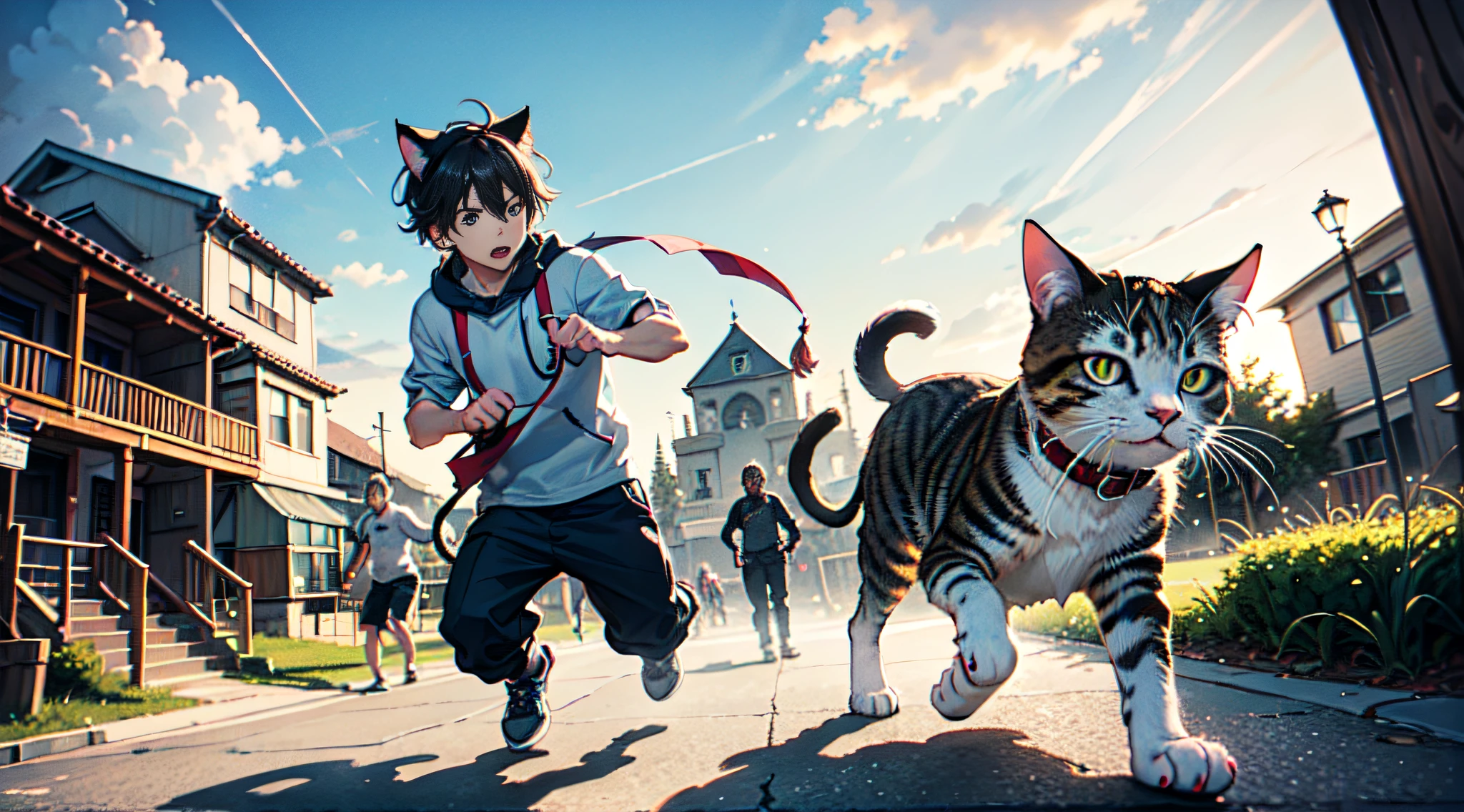 "High-definition masterpiece: an intense chase between a man and a cat, capturing intricate facial details, set against a playful playground backdrop with vibrant clouds."