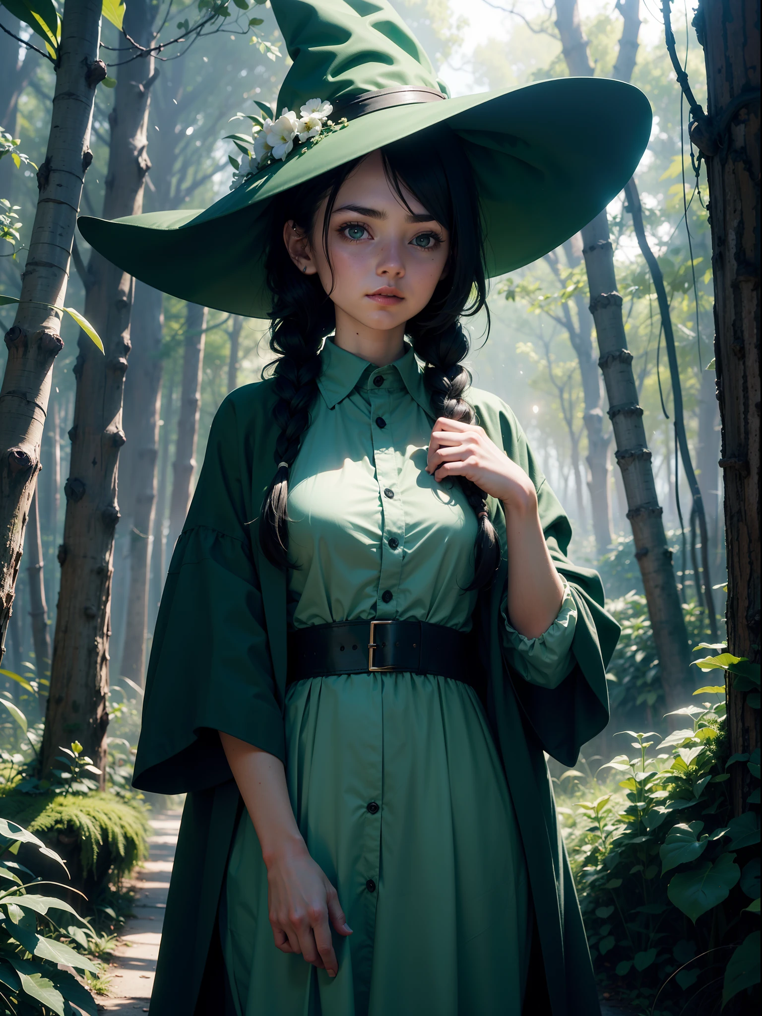 (Simple green witch robe and big green shirt,Cute girl with simple green witch big hat and braid, Cute black hair girl, Approx., short height, Dark hair , Green dressing gown, Split lips,Upper body, light Particle, forest, Intense sunlight,Effect of twinkling aerial light,Oversized shirt,lanthanum),​masterpiece, top-quality, At 8K, detailed skin textures, Detailed Cloth Texture, beautifull detailed face, intricate detailes, ultra-detailliert, Regina Display, Super Detail, high details, High quality, Best Quality, hight resolution, 1080p, in 8K,