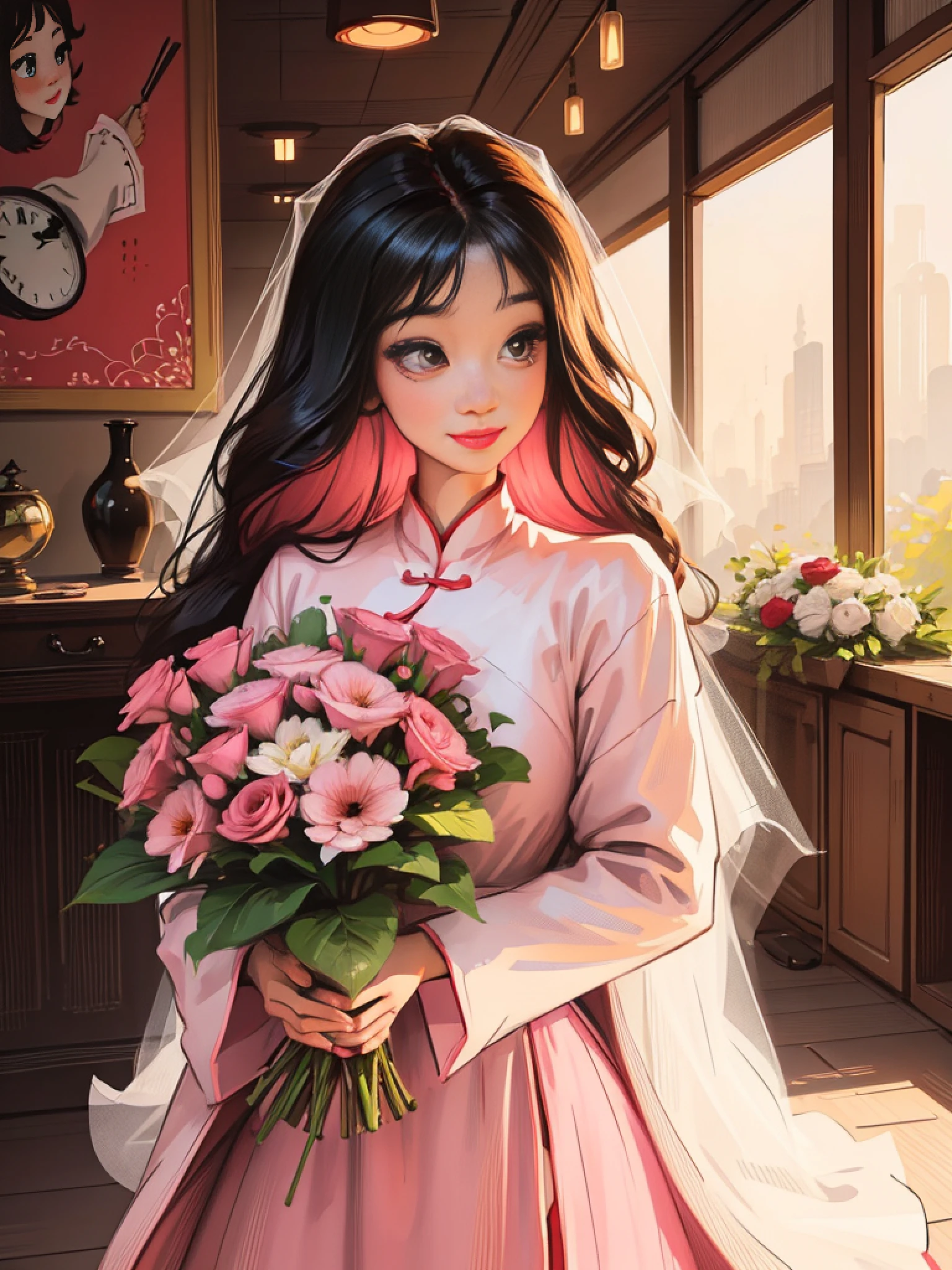 Long Light Hair，close to face，Chinese big eyes girl with lipstick on her lips, Realistic scene style, Light pink and light maroon, Bouquet in hand，Wearing a veil，Smiling，I can't believe how beautiful this is, pixar-style,  pixar-style, pixar-style, pixar-style,Light white and dark pink, cartoon character，exquisite facial features，s delicate face。