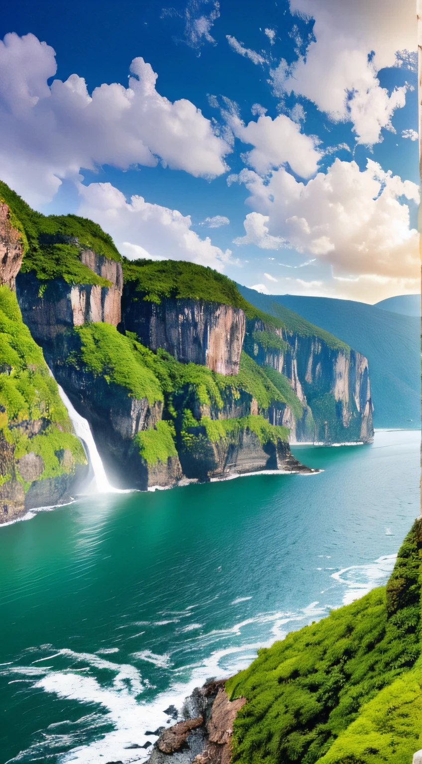 Masterpiece, ultimate quality, Cg unity 8k wallpaper, super delicate, beautiful sky and clouds, rich natural scenery, cliffs, lakes and rivers, waterfalls and flying water, beautiful green mountains, no trace of people, excellent scenery, has already won a photo contest, background Blurring, full depth of field, HDR high dynamics, true restoration, intricate, extreme details, dramatic presentation, perfectly presenting the style of midjourney art.