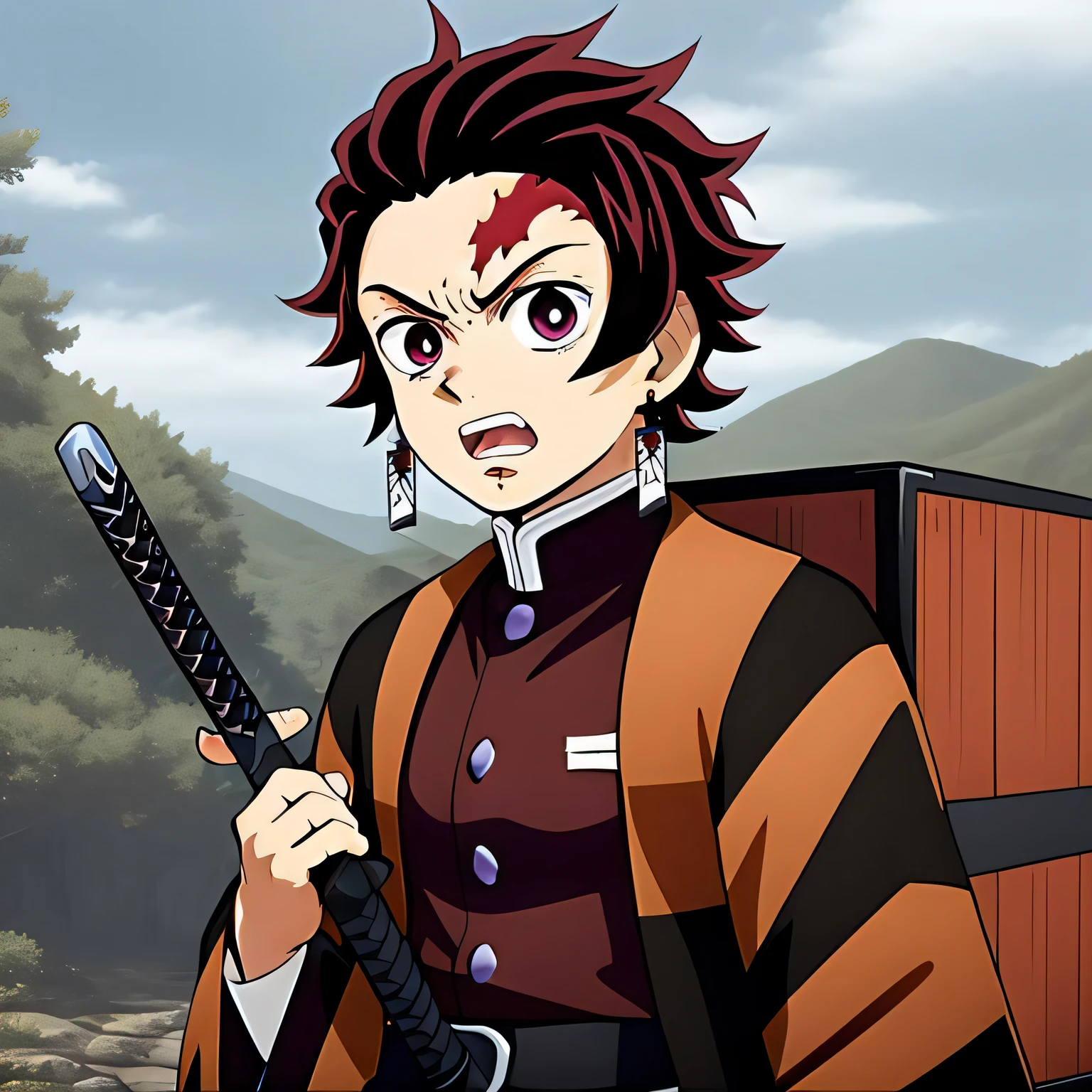 1 boy,kamado_tanjirou, sword, angry, blood on the face