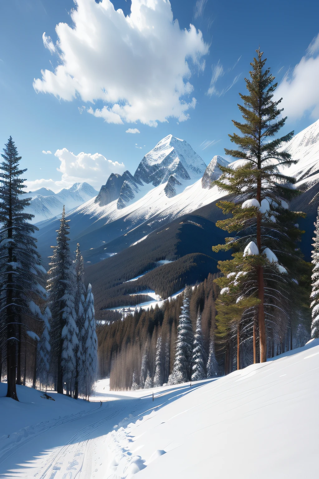 One picture,Width 180 mm,Height 300 mm,blue sky background,There are snowy mountains,There are pine trees