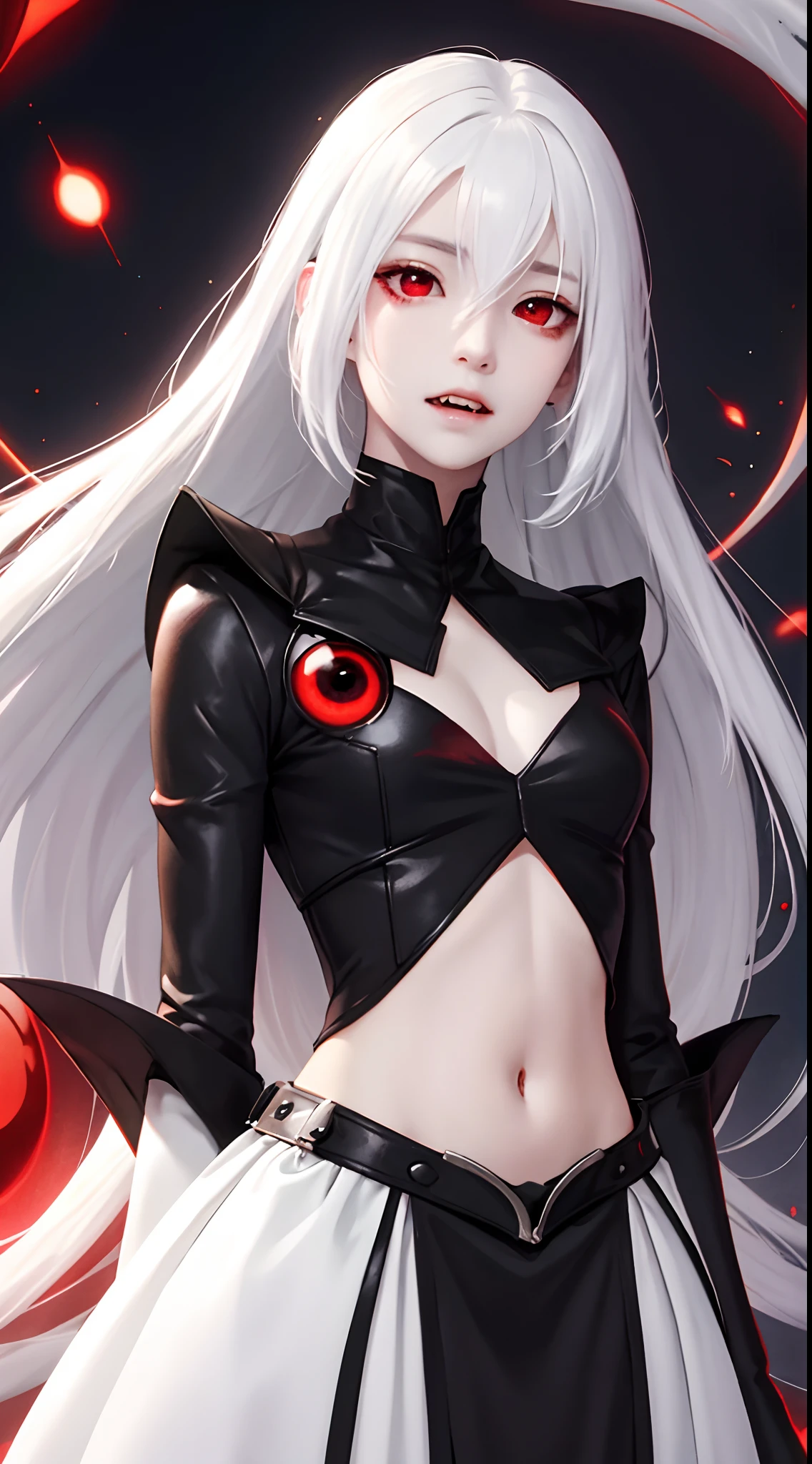 Anime boy with white hair and red eyes staring at the camera,luminous red eyes,There are fangs