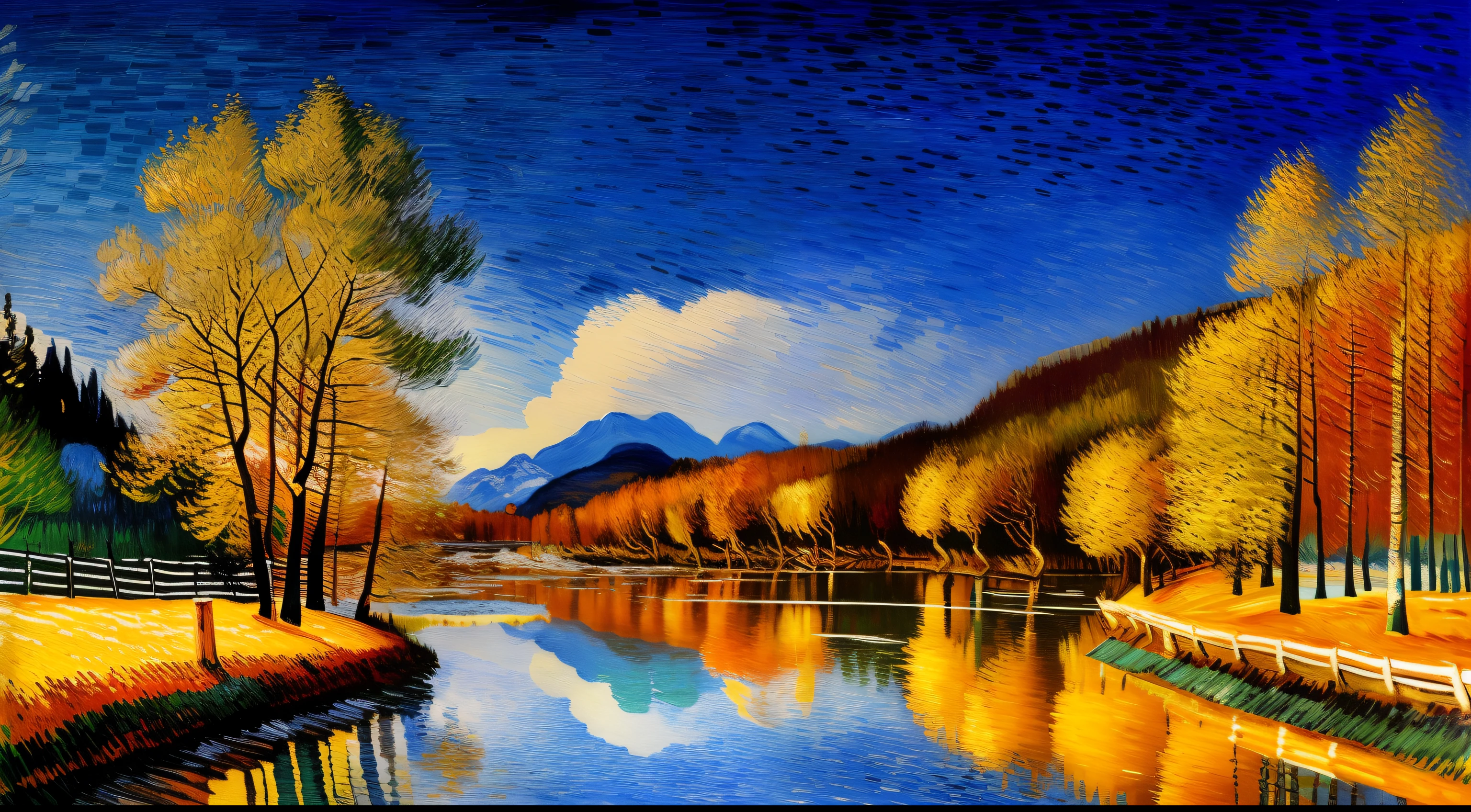 Autumn forest landscape，Vincent van Gogh，Andy Kiho，Complicated details，对称，In a beautiful dream，Alfred Sisley，oil painted，Fairy tale themed radiant vista，Plain background in winter，concept-art，