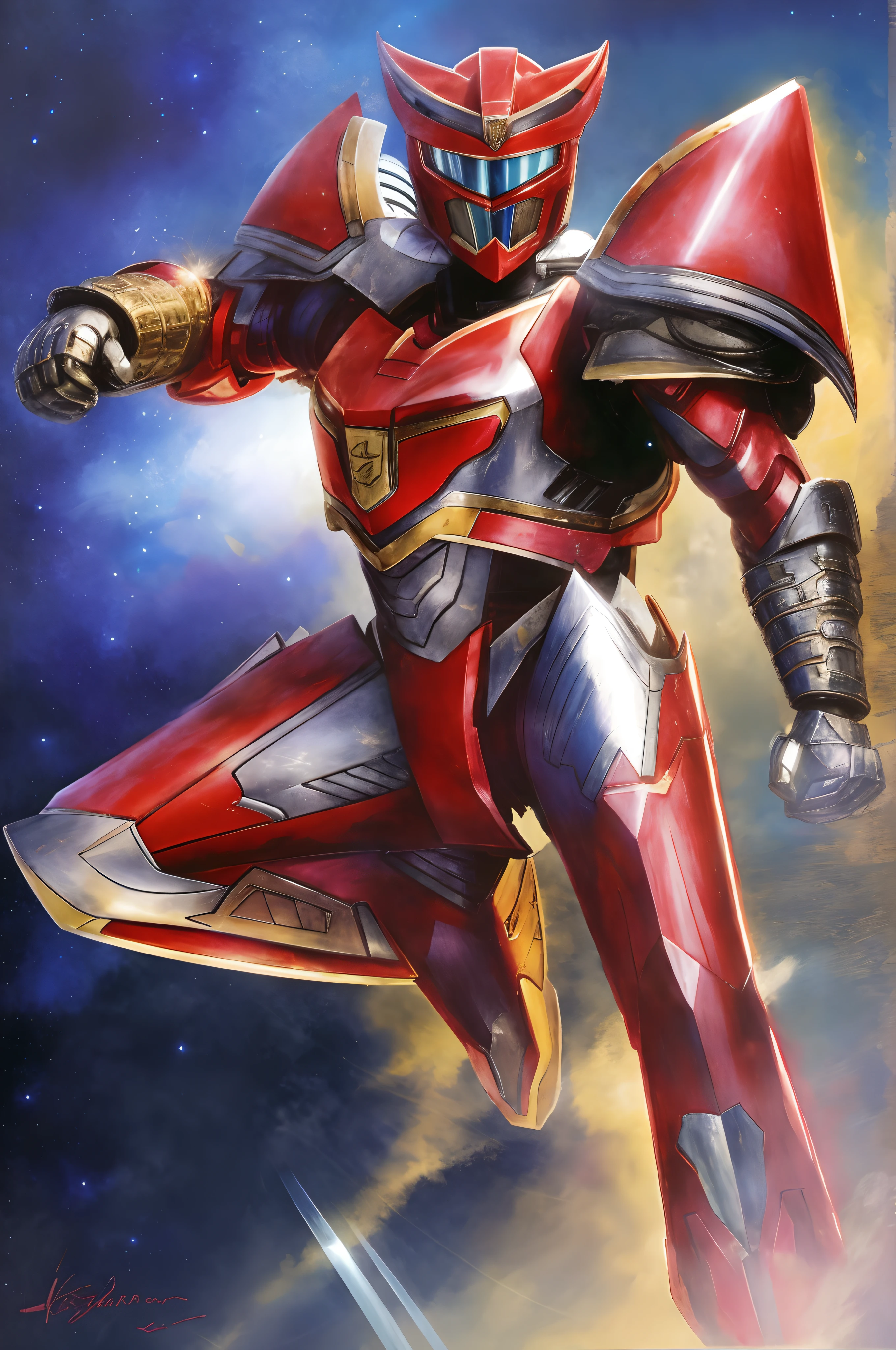 Power Rangers Lost Galaxy, Gingaman, Sixth Ranger, Extra Ranger, Magna Defender, a close up of a red and silver robot with a sword, the secret seventh power ranger, knight armored in red, red armor, power ranger, tokusatsu, high-tech red armor, sakimi, silver armor and red clothing, red heavy armor, getter robo, official art, mazinger, cyber fight armor, cybertronian, fan art