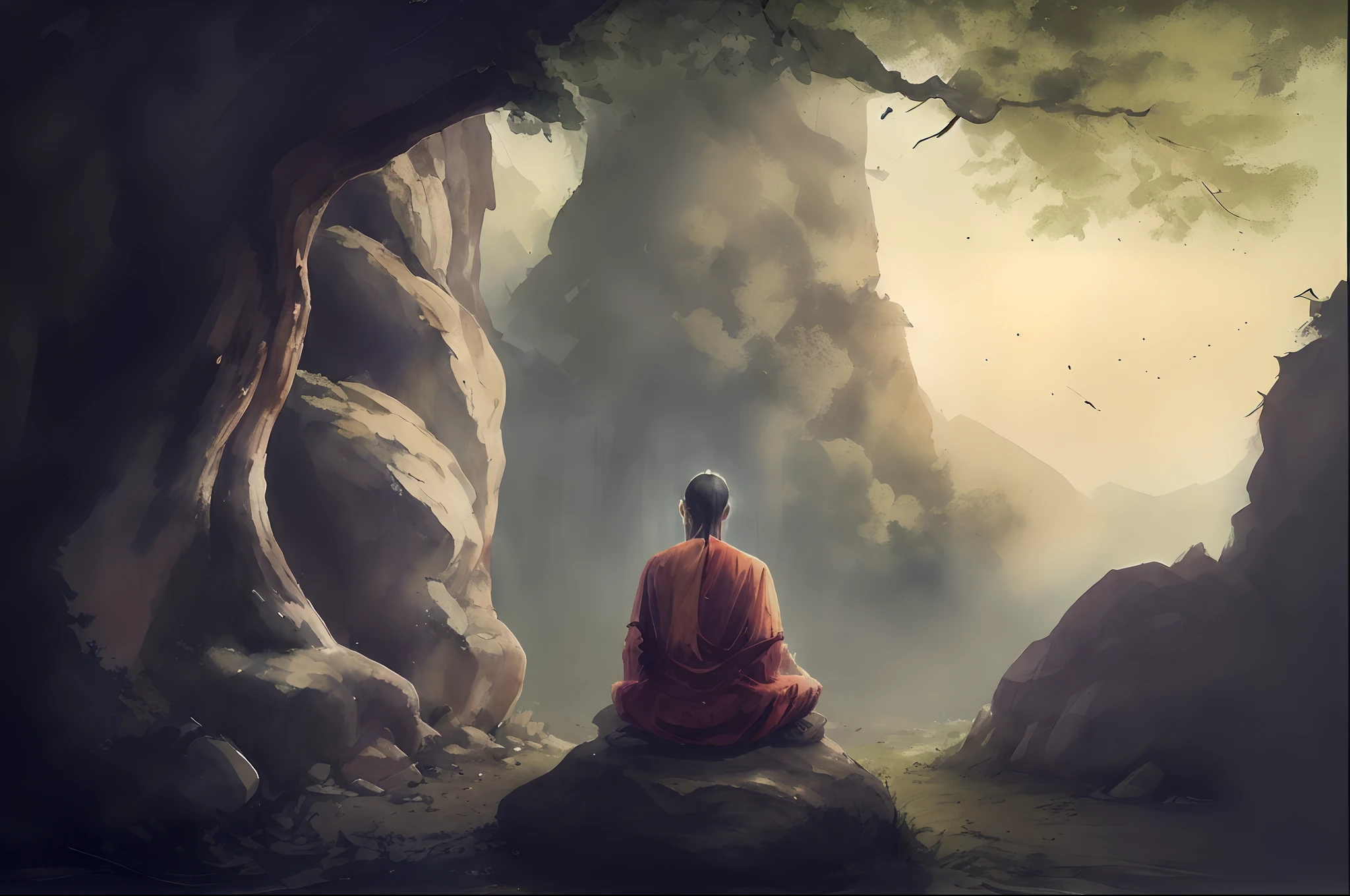 There is a man sitting on a rock in a forest, monge meditar, Budismo, Monge Budista meditando, zen méditation cyberpunk, Zen Meditation, Meditando, hindu stages of meditation, Fundo do templo zen, flutuando em um poderoso estado zen, meditation, Budista, monge, on path to enlightenment, Monge Budista, era a atmosfera, fundo natural zen, Fundo do templo