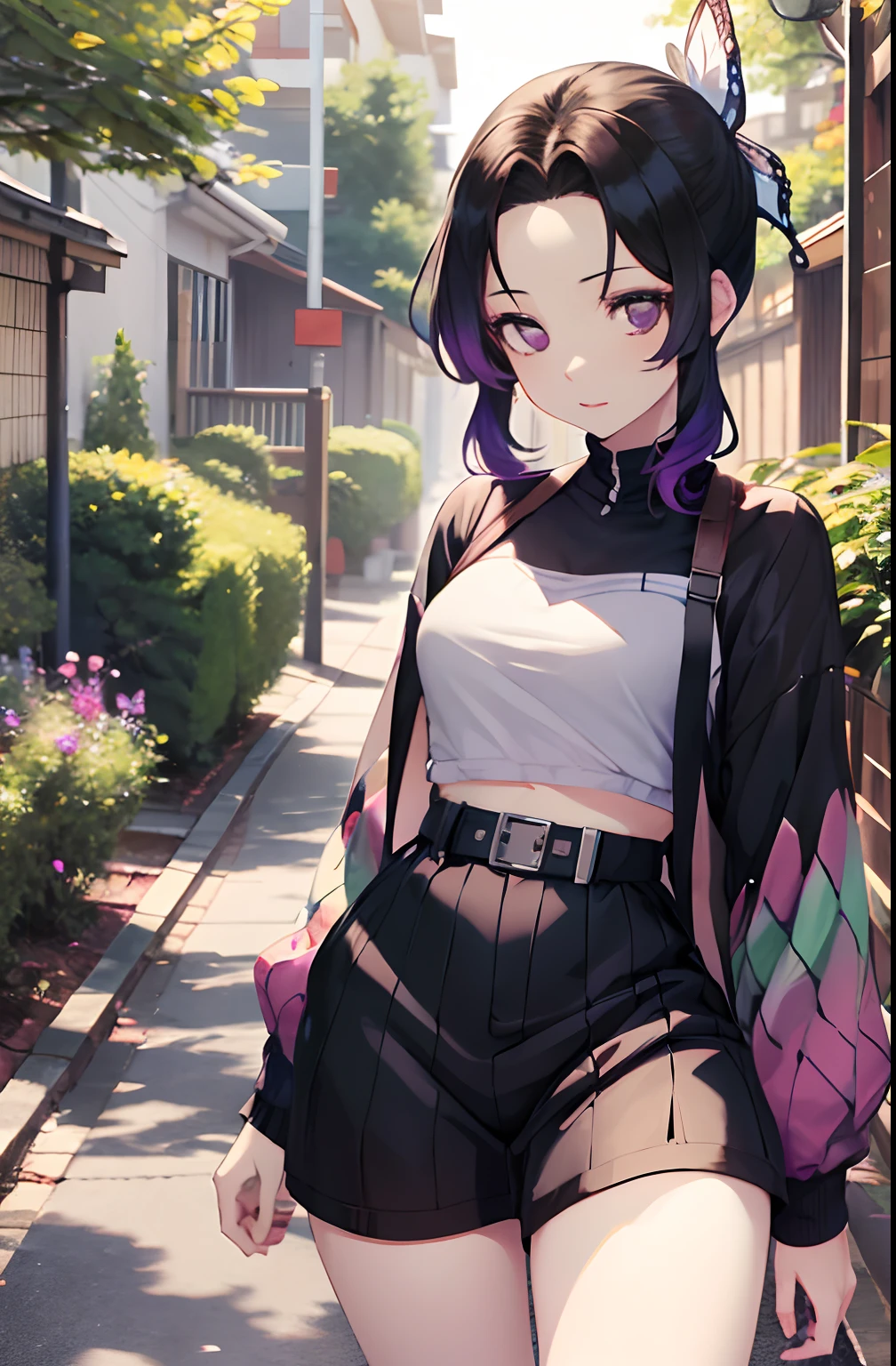 masutepiece, Best Quality, hight resolution, 1girl in, 独奏, kochou shinobu, Decorate your hair with butterflies, violet eyes, Multi-colored hair, Short hair, Parted bangs, Short shorts, open one's legs, Skirt, Turtleneck Top, outside of house, Erotica, Body line, Black pants