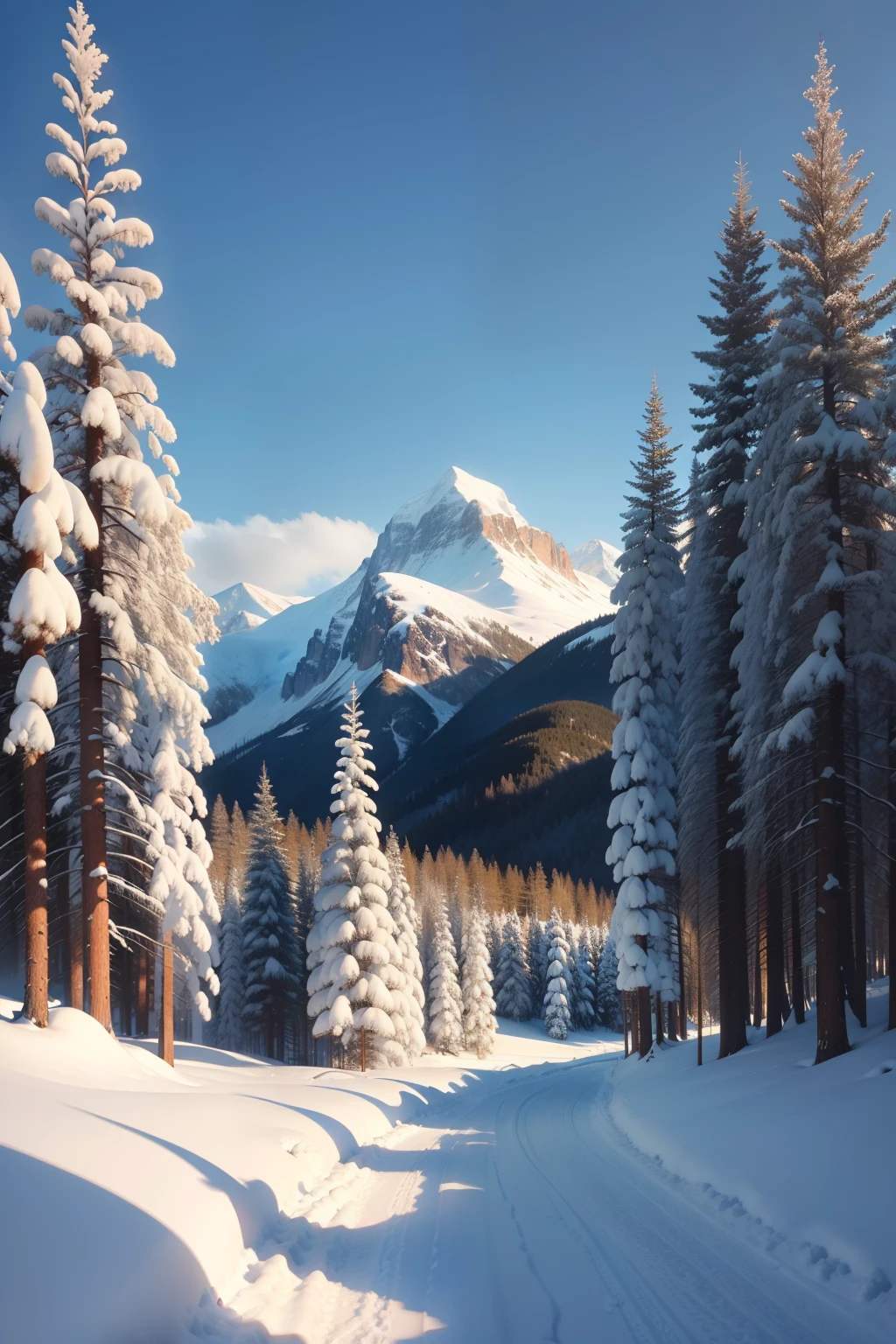 One picture，Width 180 mm，Height 300 mm，Blue sky background，There are snowy mountains，There are pine trees，Pine trees in front，Snowy mountains behind pine trees