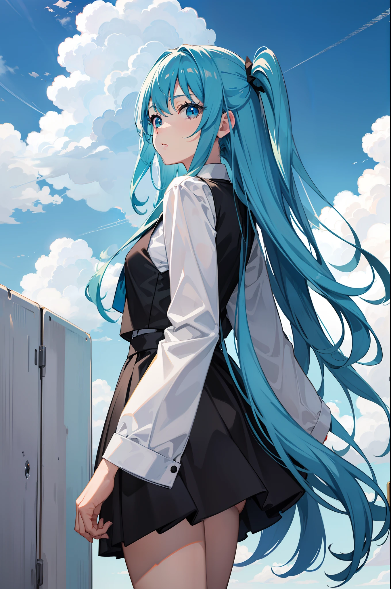 Masterpiece, Best quality, A high resolution, A girl has long hair，cyanhair，cyan eyes，Wearing a black vest，White coat，black short skirt，The background is blue sky and white clouds