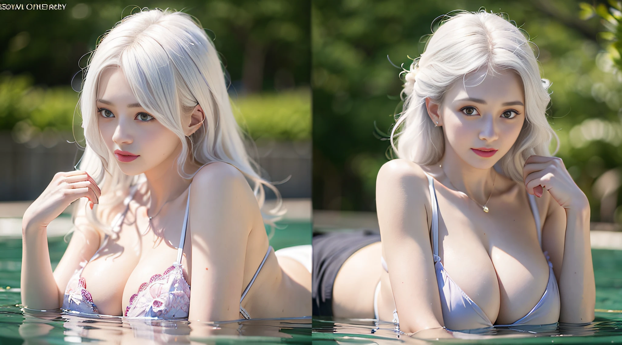 ((((Beautiful white hair))))、((small head))、Beautie、Beautuful Women、Japan Idol、(Perfect body:1.1)、(年轻)、(Beautiful white hair with short wavy:1.2)、(((8K))、(( Raw photography)))、(((a white bikini)))、(Highly detailed 8k wallpapers)、(extremely delicate and beautiful)、(​masterpiece)、(top-quality:1.0)、(超A high resolution:1.0)、beautiful  lighting、Perfect Lightning、realistic shadow、[hight resolution]、 Detailed skin、ultra-detailliert、thin clavicle、perspired、爆乳、huge tit、beutiful breast、red blush、Photorealsitic、Lifelike face、realisticeyes、is looking at the camera、a smile、 Lips with pink lips、natural make up、The best very happy smile、((best qualtiy)), ((tmasterpiece)), huge filesize, ultra-detailliert, hight resolution, ighly detailed, top-quality, ​masterpiece、full bodyesbian、Three-dimensional depiction、all-fours、all-fours、all-fours、((Show your))、((Show your))、Rear view、Rear view、Rear view、Rear view、s ass、s ass、s ass、s ass、A sexy、Mare、under the water