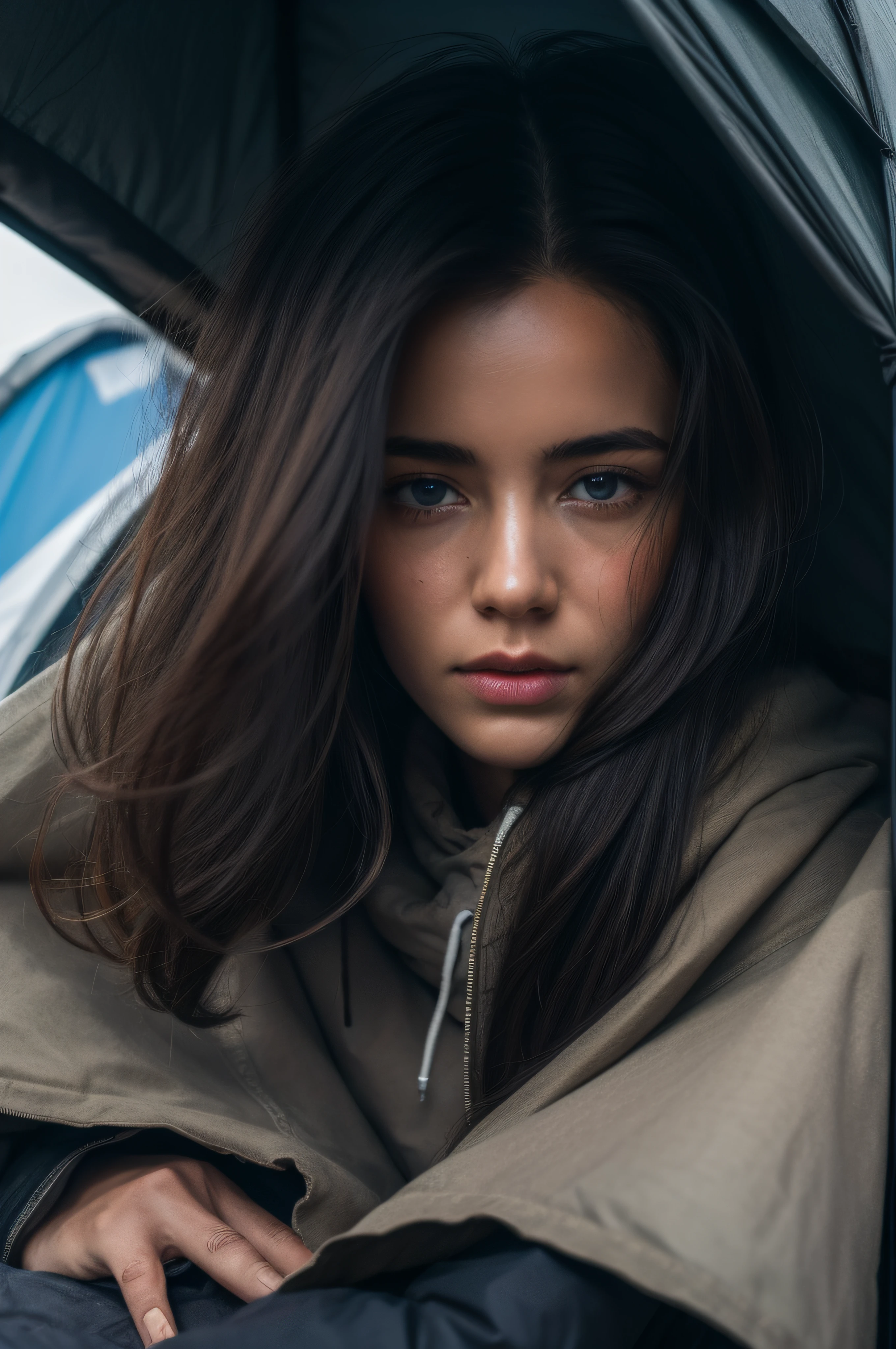 a faceless homeless BEAUTIFUL woman sits  in a tent made of garbage in a rainy day. her cloth are torn and old.  tragic, artstation, very detailed, 8k