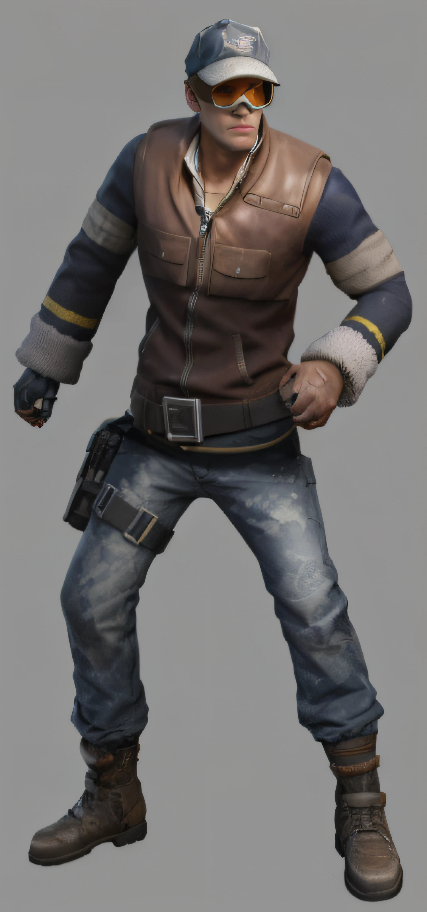 a close up of a person wearing a hat and a jacket, 3 d render of jerma 9 8 5, full body shot hyperdetailed, mechanic punk outfit, cinematic full character, full body render, in game render, cel shaded pbr, character render, full body character, videogame character, male character, scifi character render, videogame character, sfm render