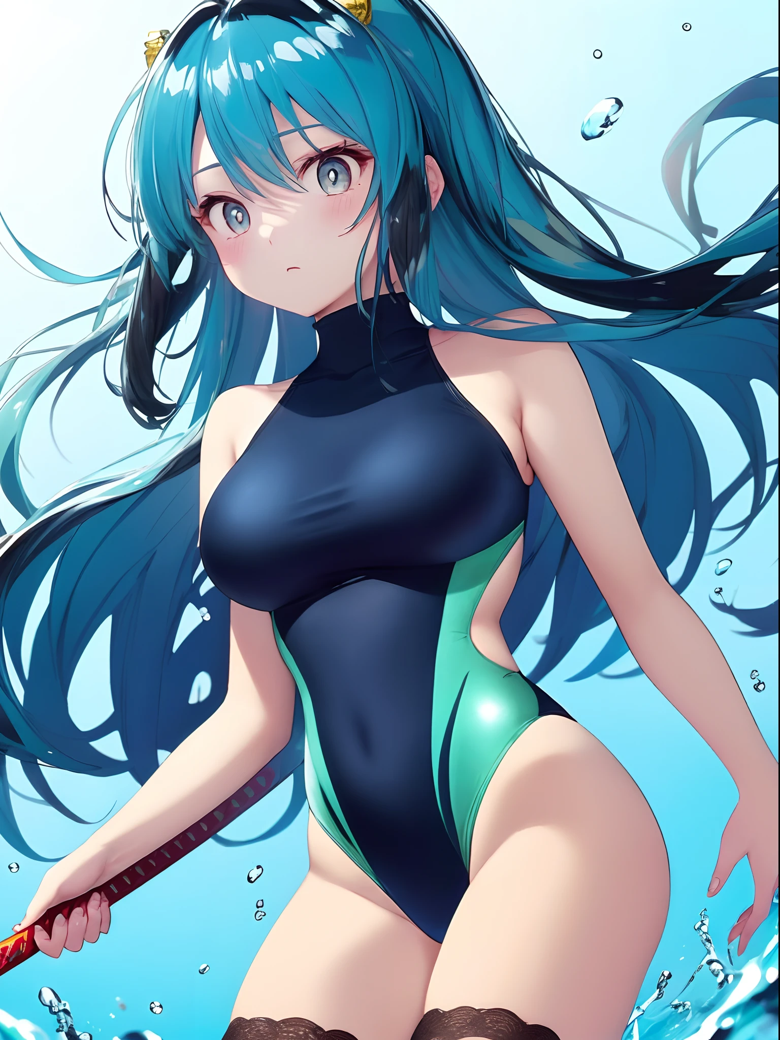 (One lady)、(​masterpiece)、(best qualtiy)、(ultra-detailliert)、(a high chroma)、(CG Illustration)、highcontrast、low angles、urusei yatsura、Ram-chan、red blush、[Demon horn:-1.3]、(Fine and beautiful eyes)、Delicate beautiful face、Ram hairstyle、((dishevled hair))、(( Translucent swimsuit))、See-through shirt、((high-leg bloomer))、(Black stockings)、(B cup breasts)、teats 、The best lighting、Float inside、Holding a Japan sword、simple background