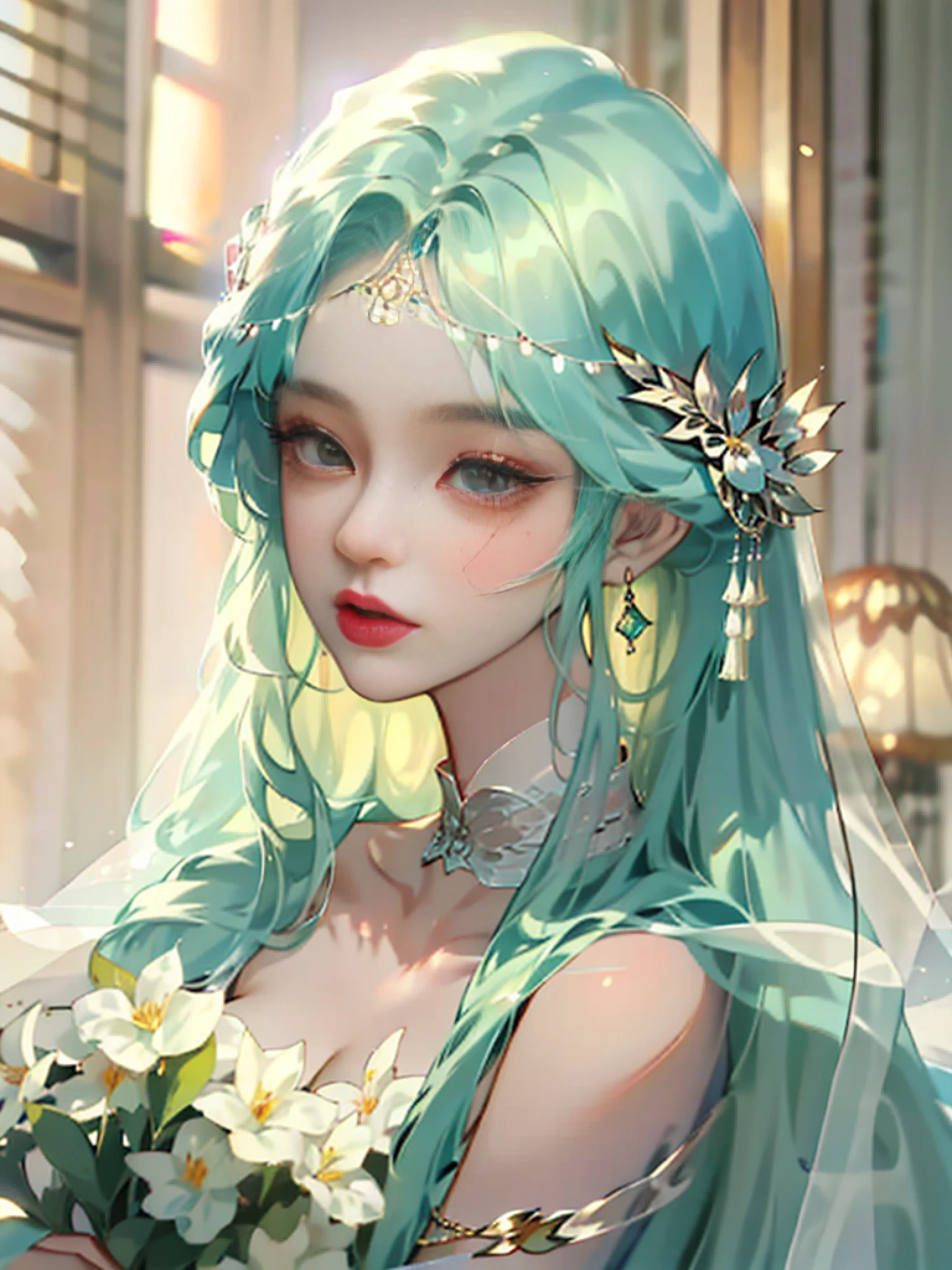 Long Light Hair,close to face,Chinese big eyes girl with lipstick on her lips, Realistic scene style, Light green and light maroon, Bouquet in hand,Wearing a veil,I can't believe how beautiful this is, pixar-style, pixar-style, pixar-style, pixar-style,Light white and light green, cartoon character,exquisite facial features,s delicate face。