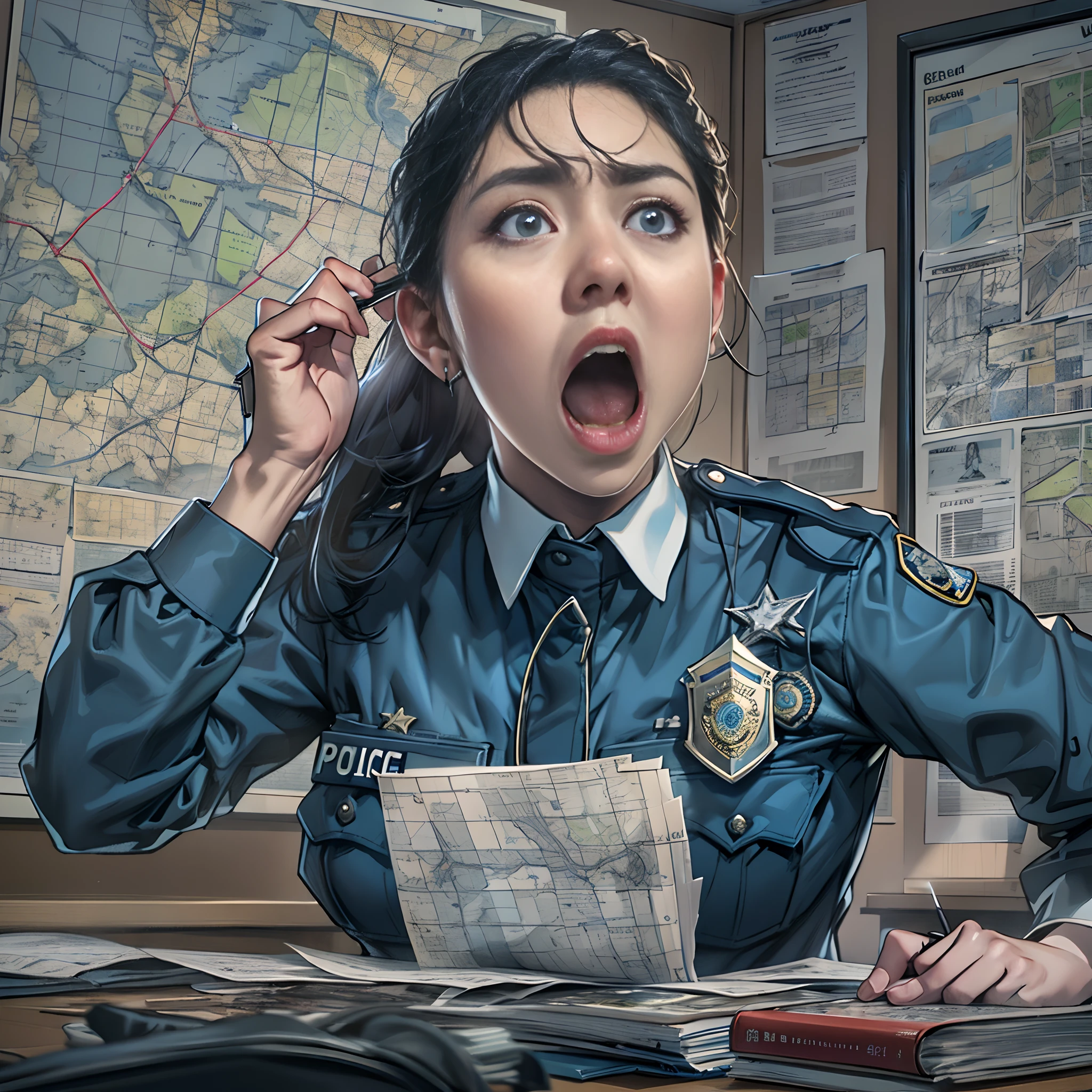 A shocked policewoman with a raised voice, gripping her baton tightly, furrowing her brows in a tense police station office filled with case photos and maps, ,in the style of the stars art group xing xing, 32k, best quality, masterpiece, super detail, high details