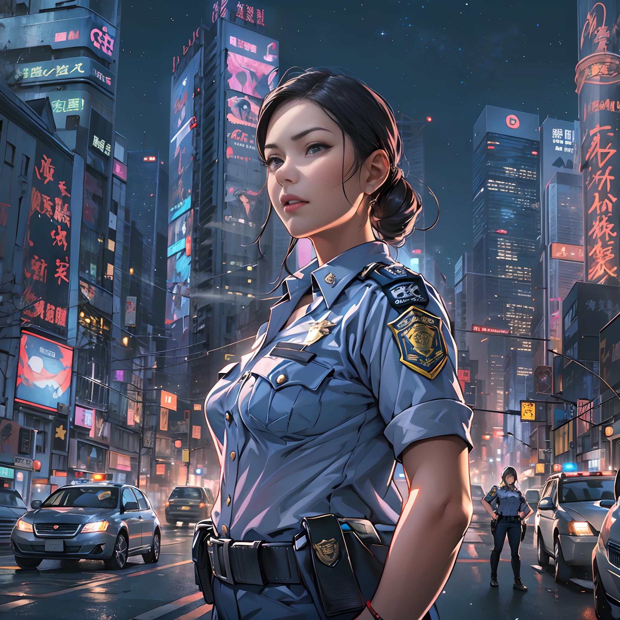 A sophisticated policewoman standing on the street, hands on hips, looking at the person in front of her with a helpless expression, bustling city streets and skyscrapers in the background, ,in the style of the stars art group xing xing, 32k, best quality, masterpiece, super detail, high details