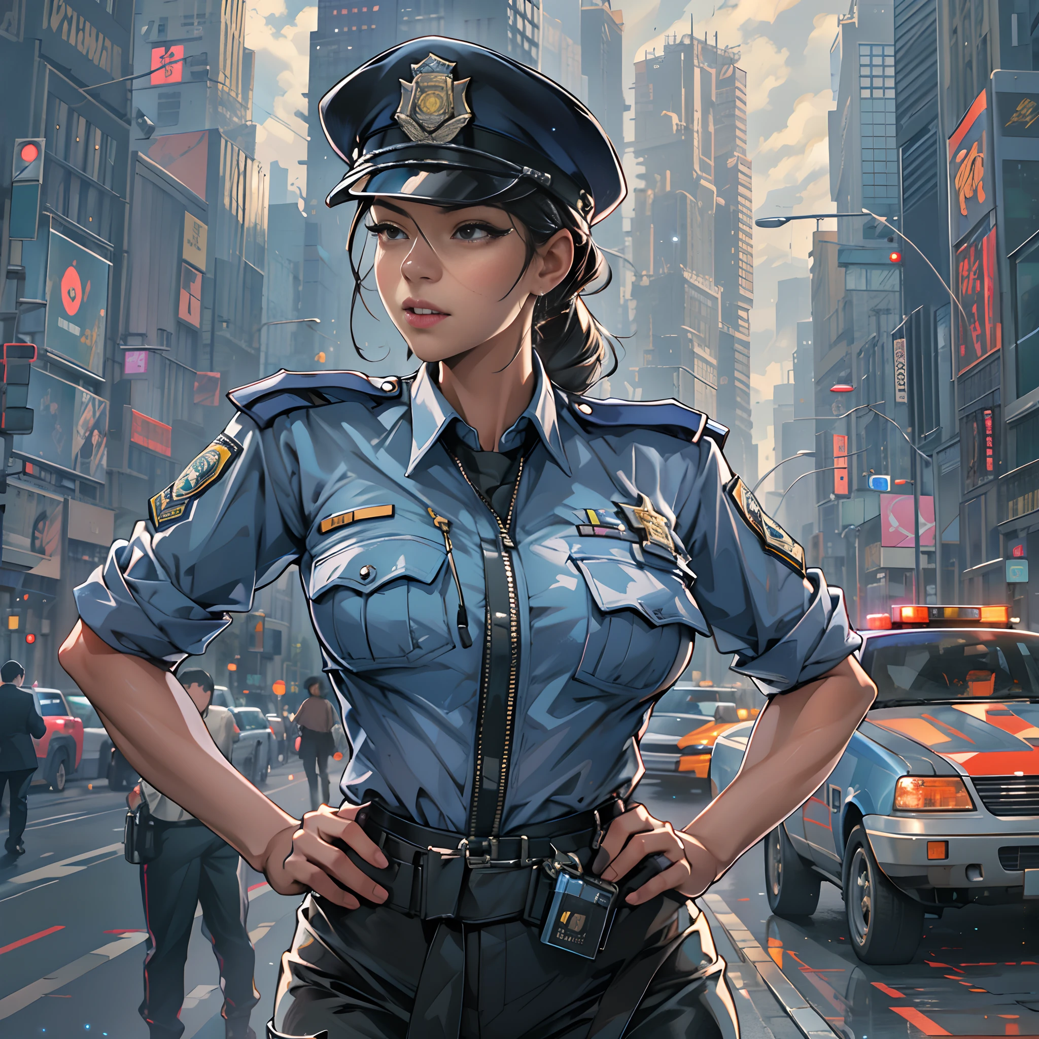 A sophisticated policewoman standing on the street, hands on hips, looking at the person in front of her with a helpless expression, bustling city streets and skyscrapers in the background, ,in the style of the stars art group xing xing, 32k, best quality, masterpiece, super detail, high details