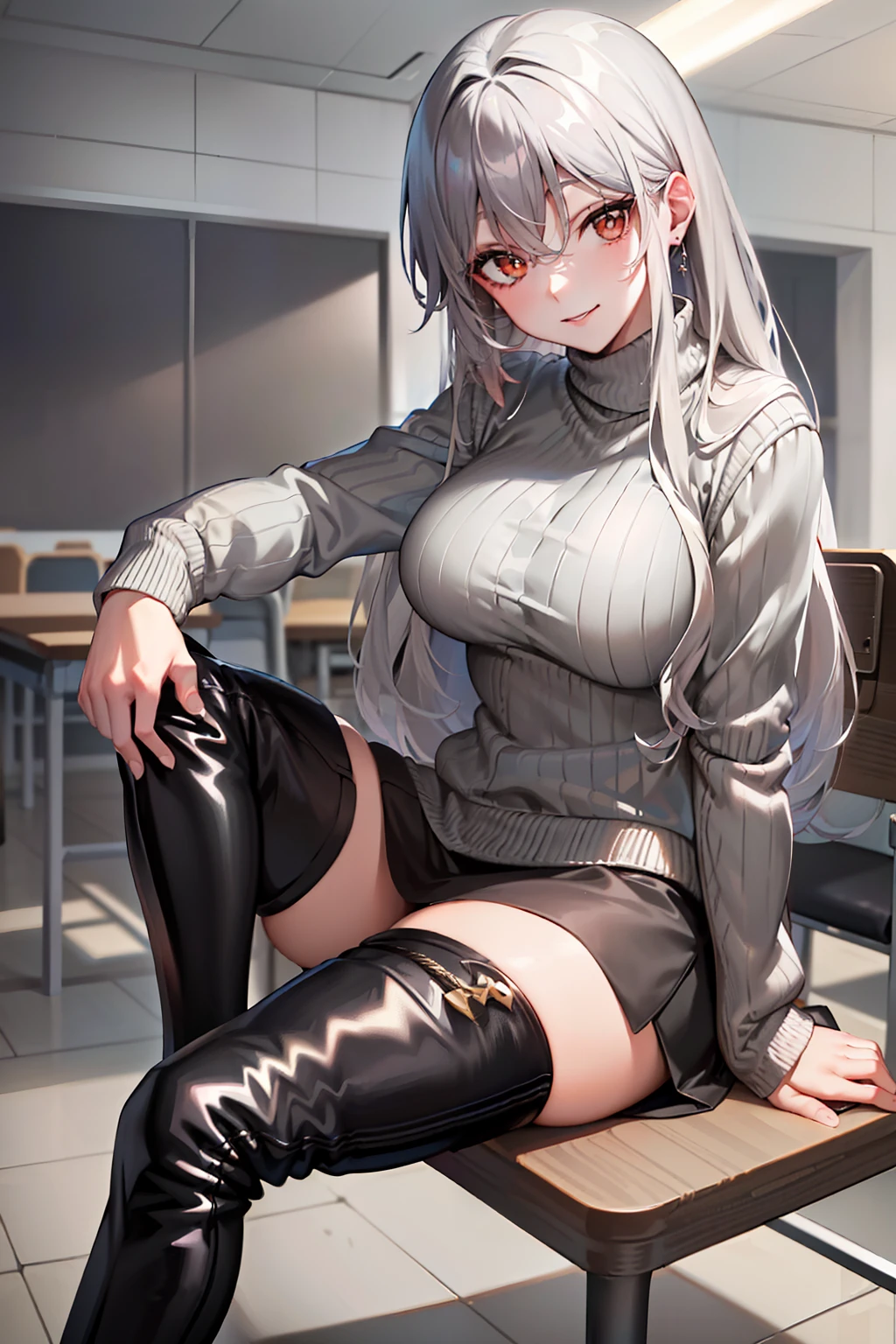 (tmasterpiece，high high quality，light grey sweater，stare，thigh boots，whaite hair，ssmile，sit on chair，Absolute realm，‎Classroom，Sitting，Crossed legs，low head，Leg details，Foot details，detail in face)