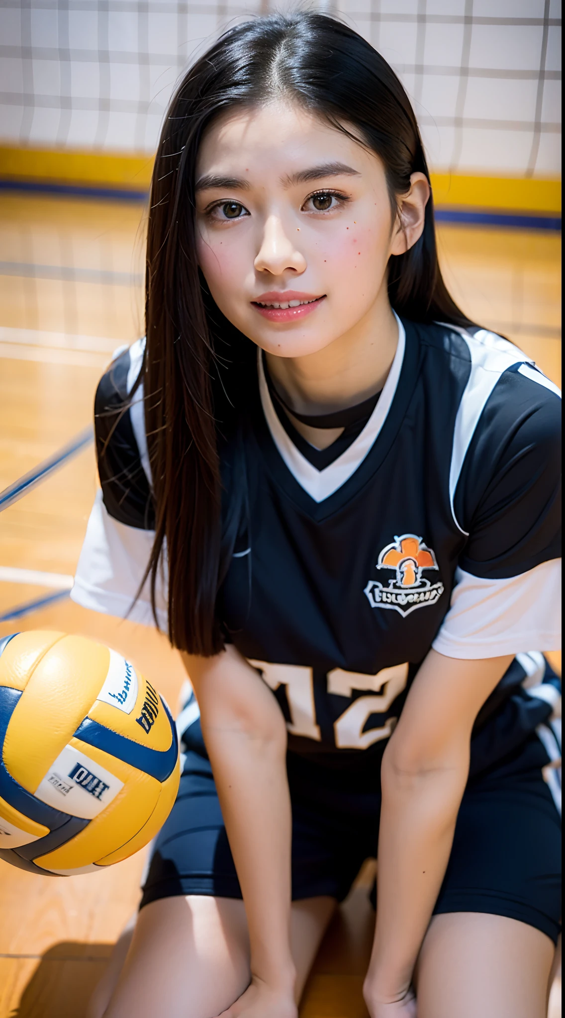 Large gymnasium of the school、(realisitic、Volleyball Court)、vivid、(No portrait)