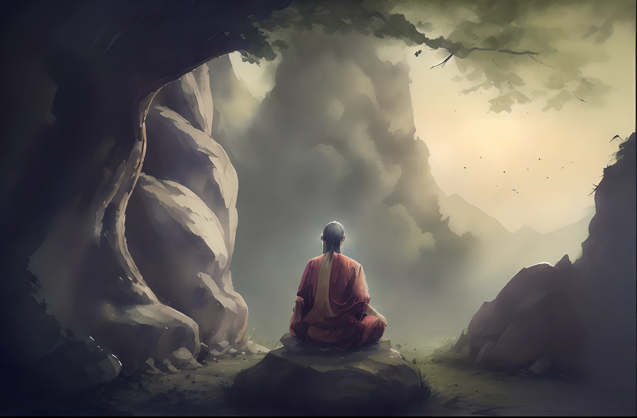 There is a man sitting on a rock in a forest, monge meditar, Budismo, Monge budista meditando, zen méditation cyberpunk, Zen Meditation, Meditando, hindu stages of meditation, Fundo do templo zen, flutuando em um poderoso estado zen, meditation, Budista, monge, on path to enlightenment, Monge budista, era uma atmosfera, fundo natural zen, Fundo do templo