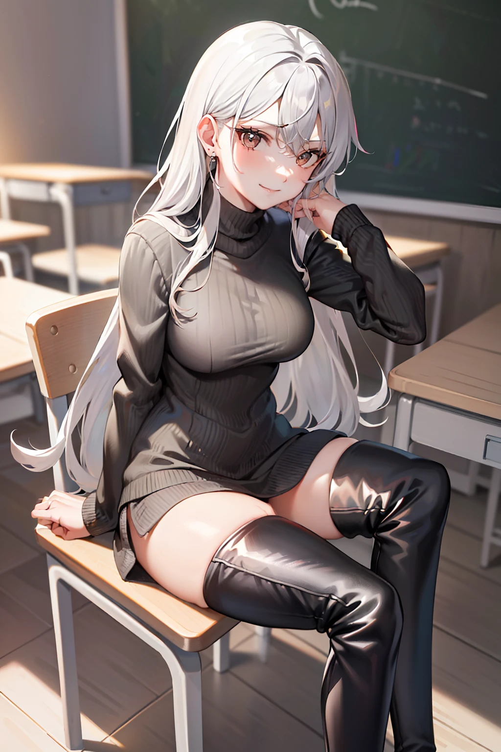 (tmasterpiece，high high quality，light grey sweater，stare，thigh boots，whaite hair，ssmile，sit on chair，Absolute realm，‎Classroom，Sitting，Crossed legs，low head，Leg details)