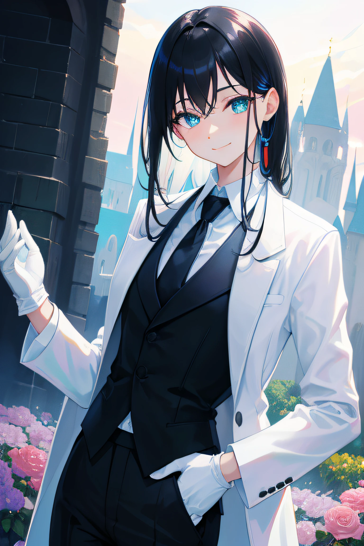 1girl, white skin, HDR, UHD, 8K, best quality, masterpiece, Highly detailed, ultra-fine painting, Vivid Colors, Cinematic Lighting, slender, head tilt, aqua eyes, seductive smile, straight hair, medium hair, (black hair), (human), (tuxedo), long pants, black pants, butler, cool+, tie, white gloves, castle, plains, flower garden