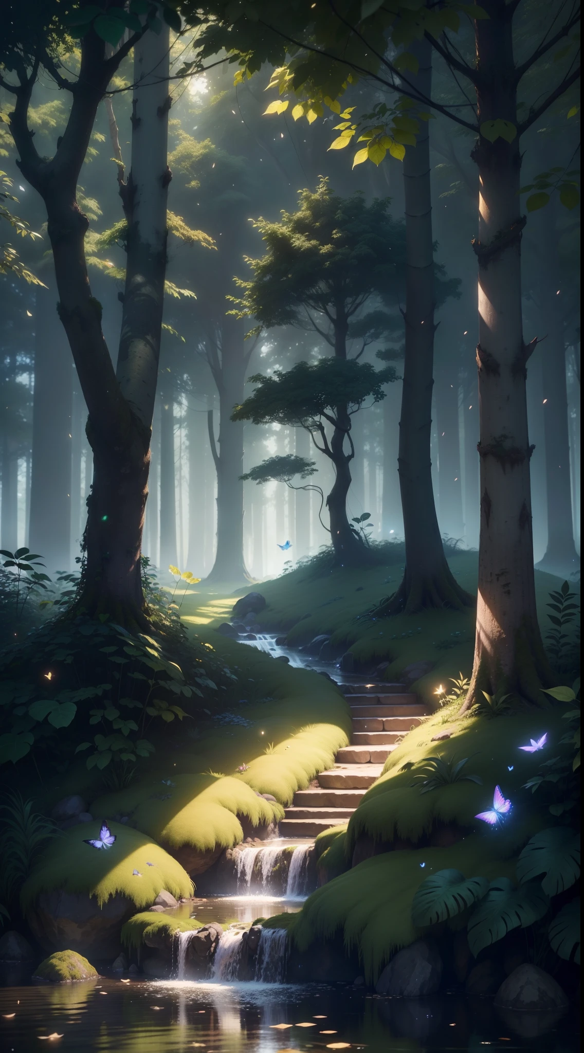 Masterpiece, better quality, (highly detailed CG Unity 8k wallpapers), (better quality), (best illustrations), (best shadows), forest theme with natural elements. Large trees, calm streams, small bright mushrooms, surrounded by delicate leaves and branches, with fireflies and effects of light particles,, (natural elements), (jungle theme), (leaves), (branches), (fireflies), butterflies, (delicate leaves), (glow), (particle effects). , isometric 3D, Octane rendering, ray tracing, super detailed