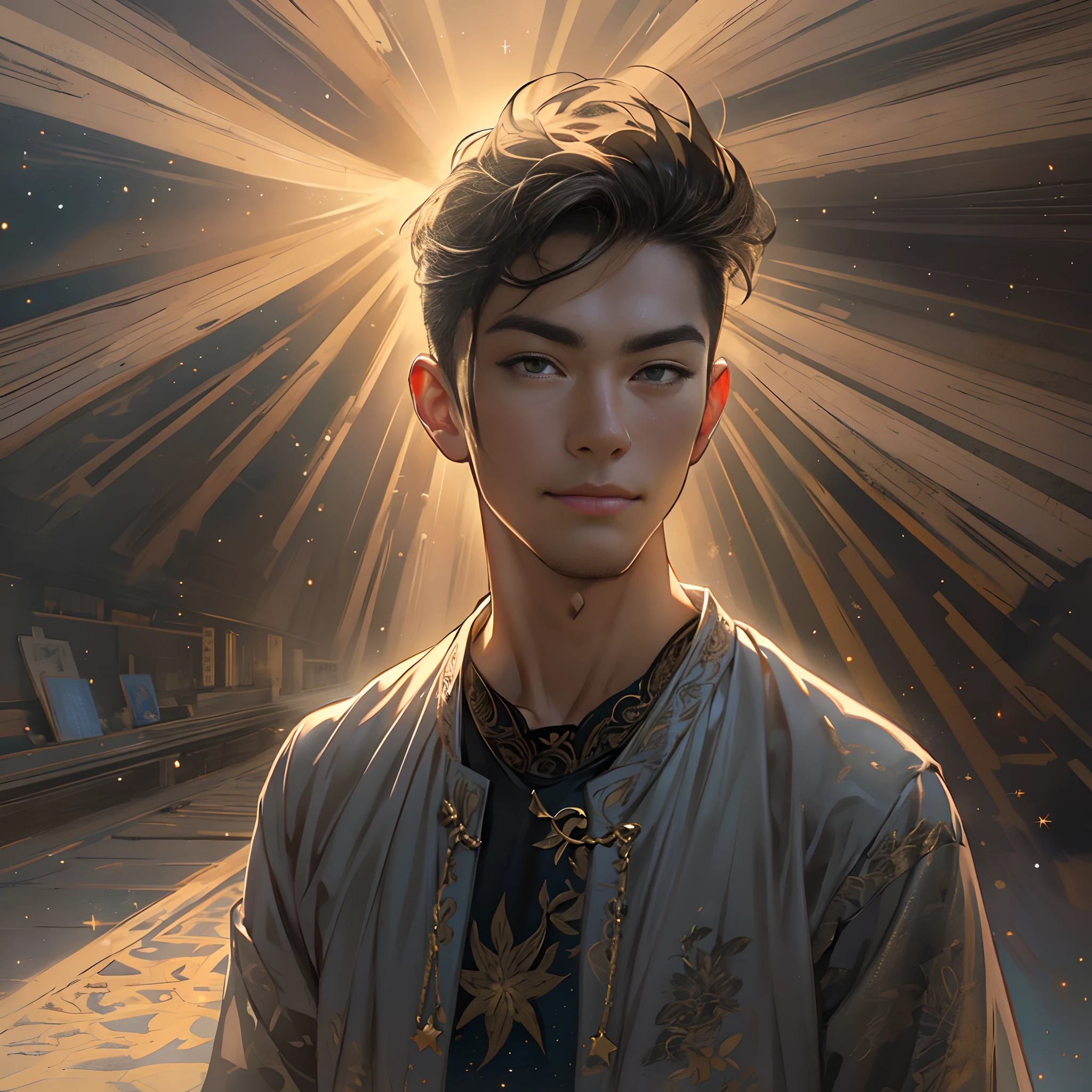 A person with a slight smirk, raising an eyebrow, facing a strong ray of sunlight, with the sunlight shining on him, as if to completely envelop him, ,in the style of the stars art group xing xing, 32k, best quality, masterpiece, super detail, high details