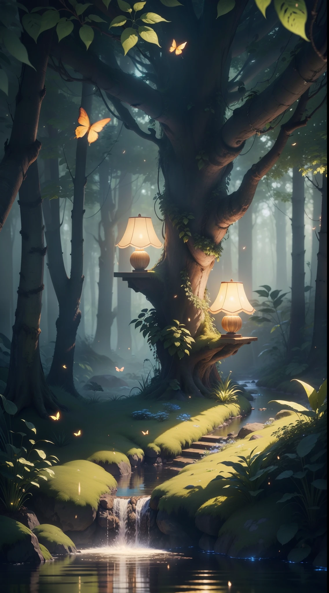 Masterpiece, better quality, (highly detailed CG Unity 8k wallpapers), (better quality), (best illustrations), (best shadows), forest theme with natural elements. Large trees, calm streams, small bright mushrooms, surrounded by delicate leaves and branches, with fireflies and effects of light particles,, (natural elements), (jungle theme), (leaves), (branches), (fireflies), butterflies, (delicate leaves), (glow), (particle effects). , isometric 3D, Octane rendering, ray tracing, super detailed