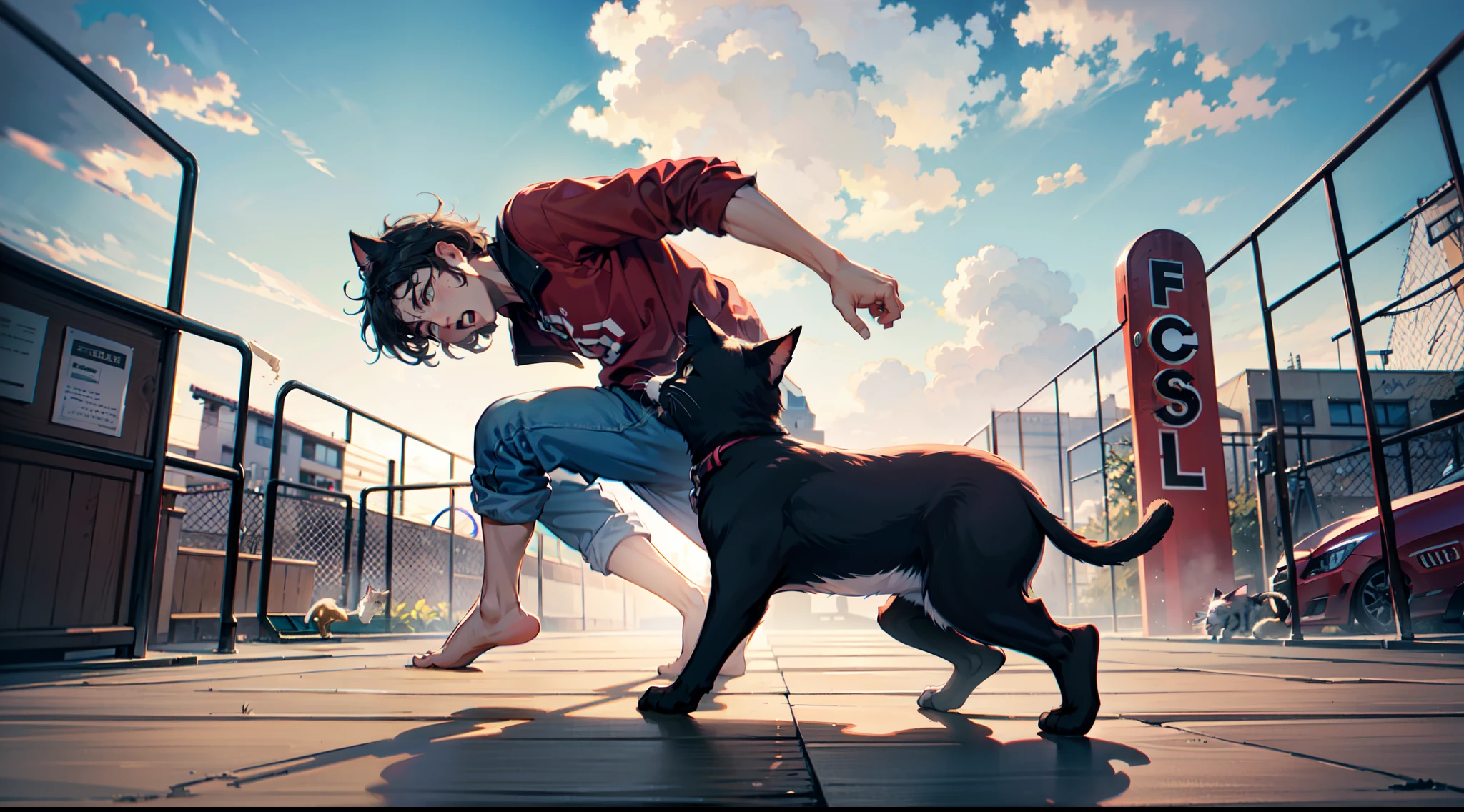 "High-definition masterpiece: an intense chase between a man and a cat, capturing intricate facial details, set against a playful playground backdrop with vibrant clouds."