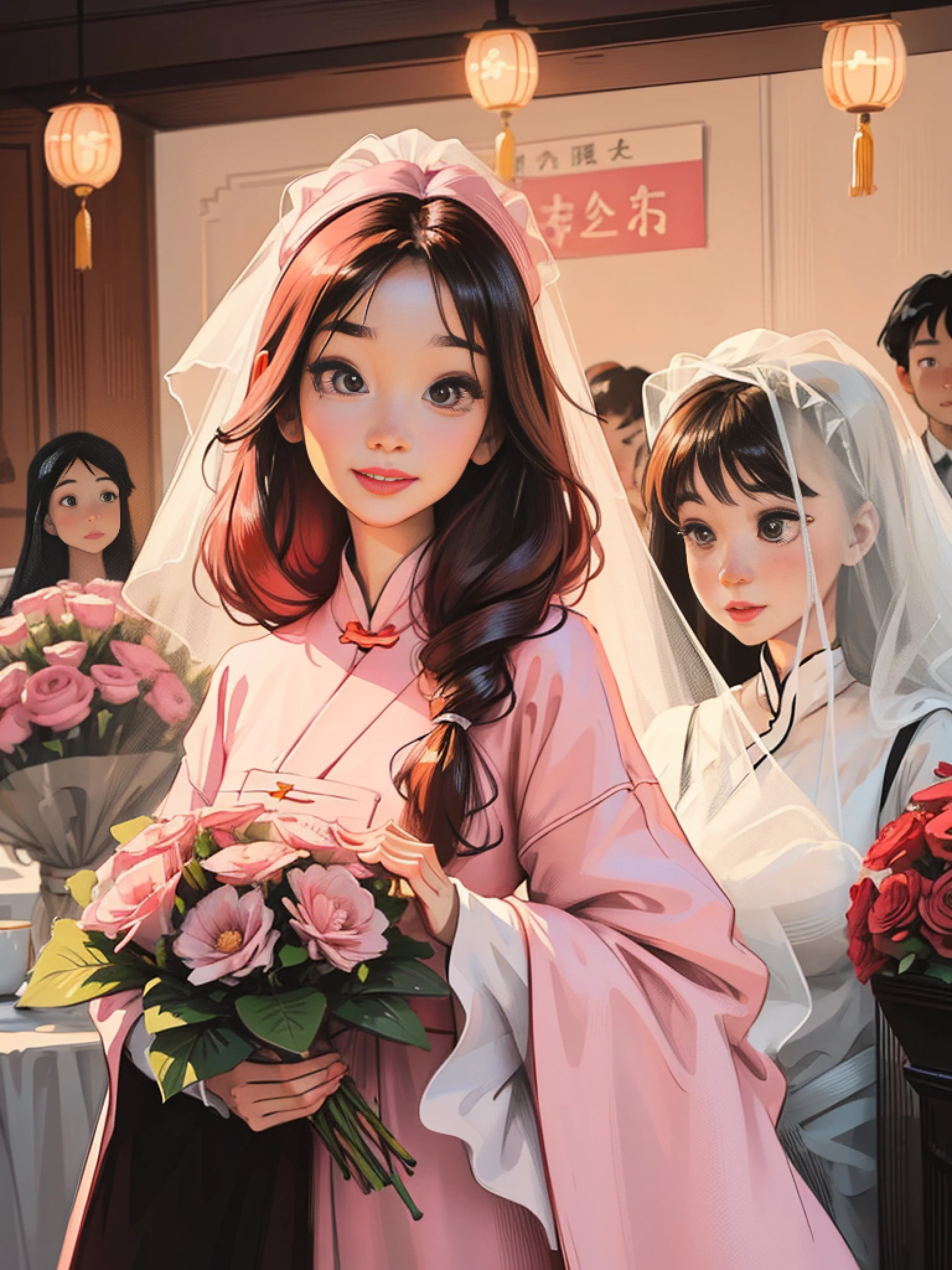 Long Light Hair,close to face,Chinese big eyes girl with lipstick on her lips, Realistic scene style, Light pink and light maroon, Bouquet in hand,Wearing a veil,Smiling,I can't believe how beautiful this is, pixar-style, pixar-style, pixar-style, pixar-style,Light white and dark pink, cartoon character,exquisite facial features,s delicate face。