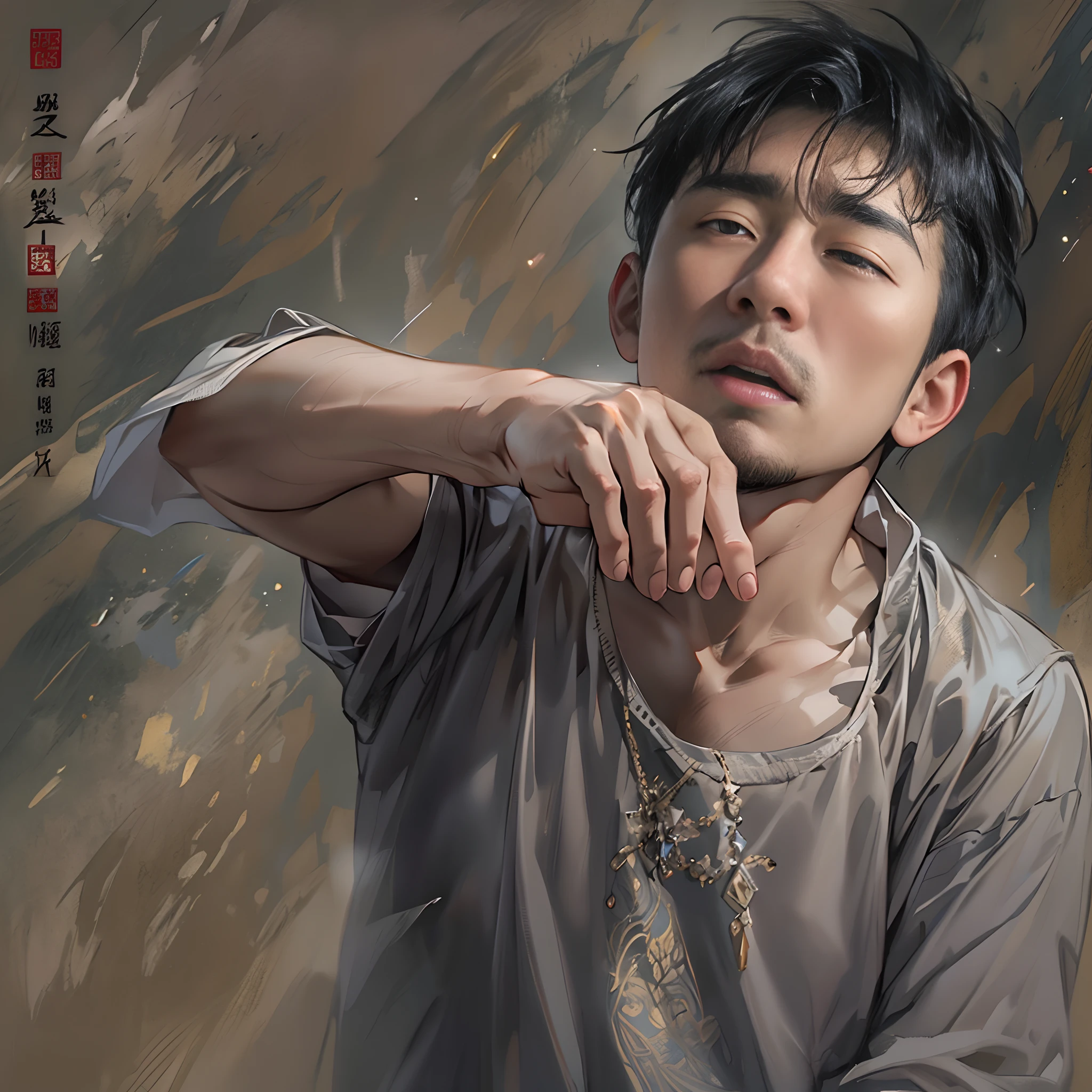 A man suddenly realizes his rudeness and releases his grip on my hand, with a slightly embarrassed and apologetic expression, the atmosphere around becomes a little more relaxed, ,in the style of the stars art group xing xing, 32k, best quality, masterpiece, super detail, high details