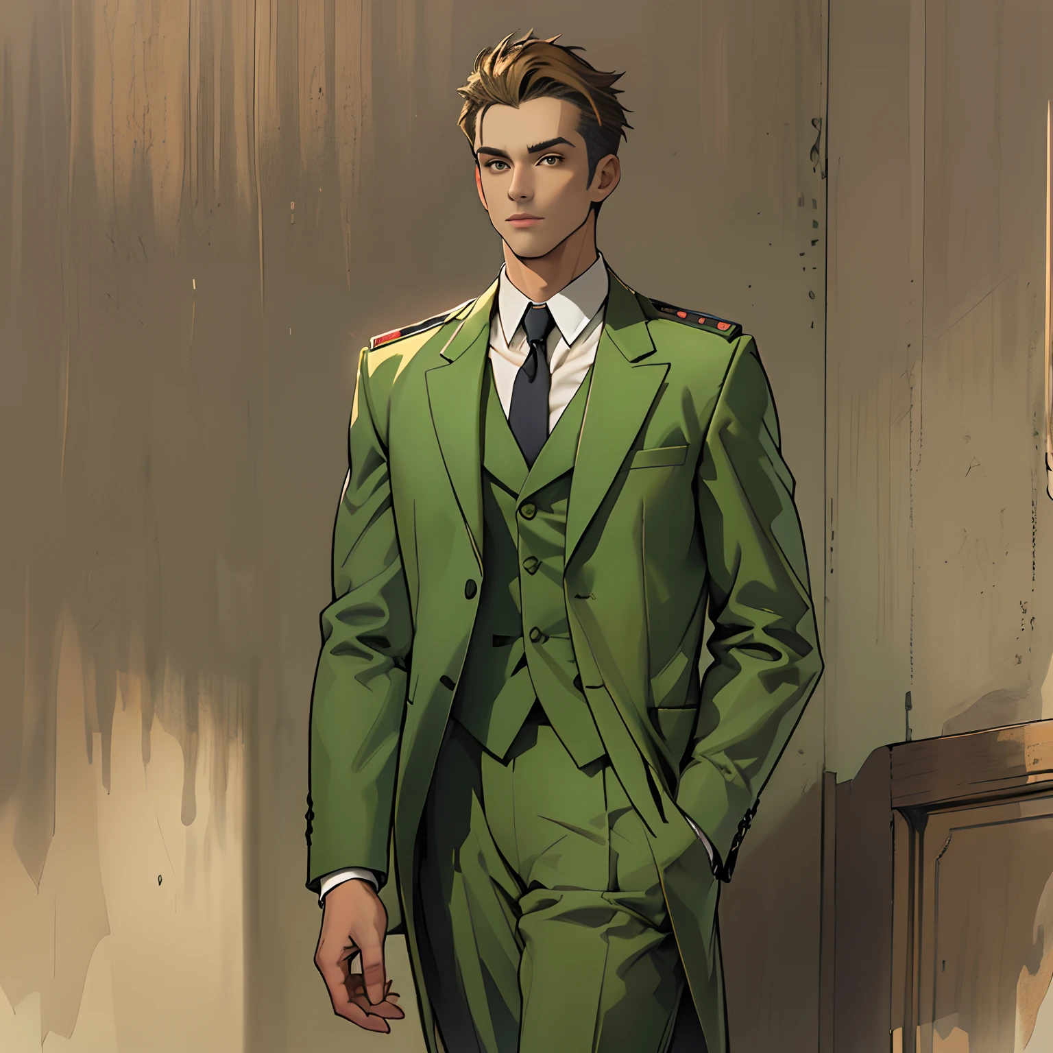 A man stands in the morning light, Illuminated by a faint light，Outline his figure. He has delicate facial features and thick eyelashes, But the most attractive thing is his eyes - deep as ink, They seem to have the ability to attract people. Dressed in a well-tailored army-green suit, His tall stature and slender waist are highlighted.