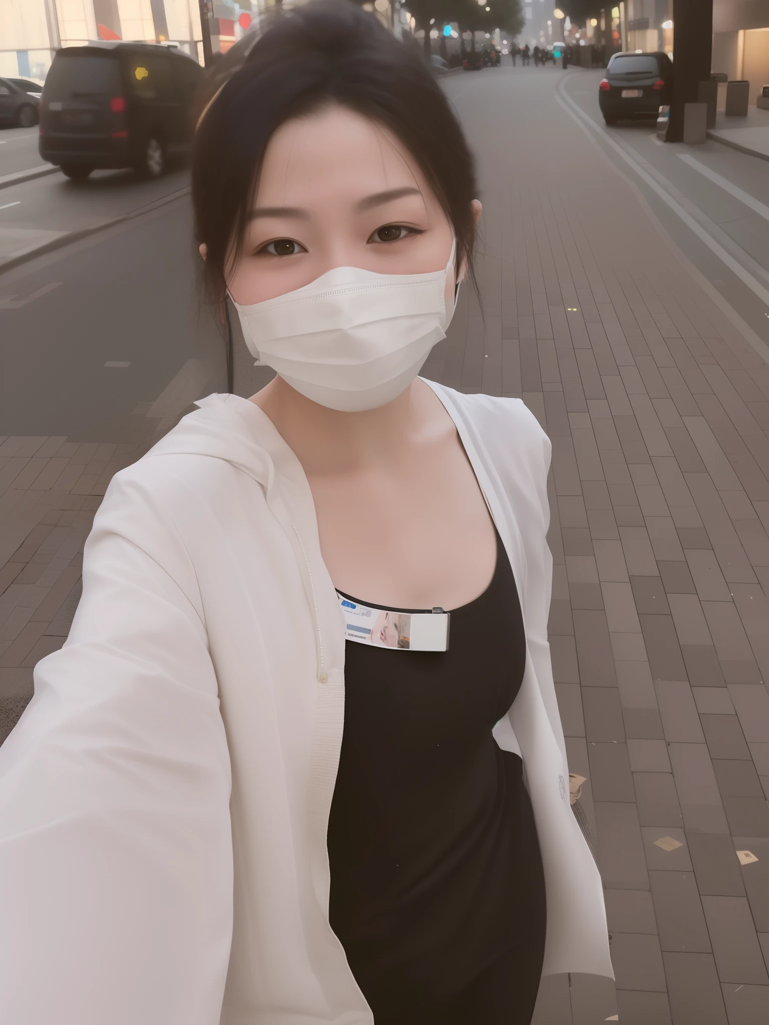 Araved woman wearing a mask on a city street, wearing face mask, Wearing an all-black door wave mask, Wearing a mask, 8K)), wearing face mask, wearing wooden mask, wearing transparent glass mask, one single mask, surgical mask covering mouth, Mask, 8K selfie photos, She is facing the camera, partially masked, White mask, black hair, Surrealism, Carl Larsson, cinematic lighting, drop shadow, character chart, first-person view, lens flare, Sony FE GM, Sony FE GM, UHD, 8k, highres, best quality, textured skin