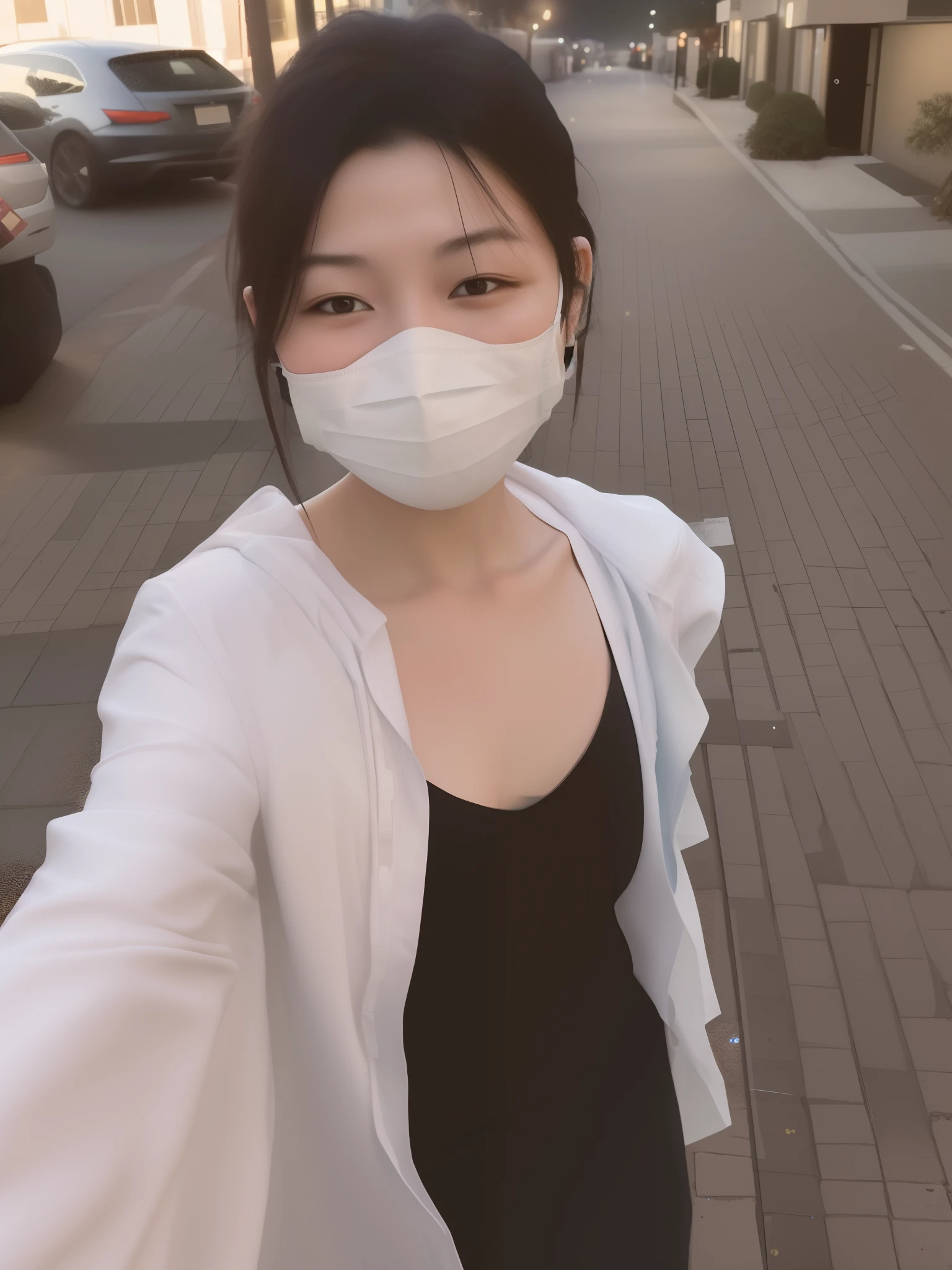 Araved woman wearing a mask on a city street, wearing face mask, Wearing an all-black door wave mask, Wearing a mask, 8K)), wearing face mask, wearing wooden mask, wearing transparent glass mask, one single mask, surgical mask covering mouth, Mask, 8K selfie photos, She is facing the camera, partially masked, White mask, black hair, Surrealism, Carl Larsson, cinematic lighting, drop shadow, character chart, first-person view, lens flare, Sony FE GM, Sony FE GM, UHD, 8k, highres, best quality, textured skin