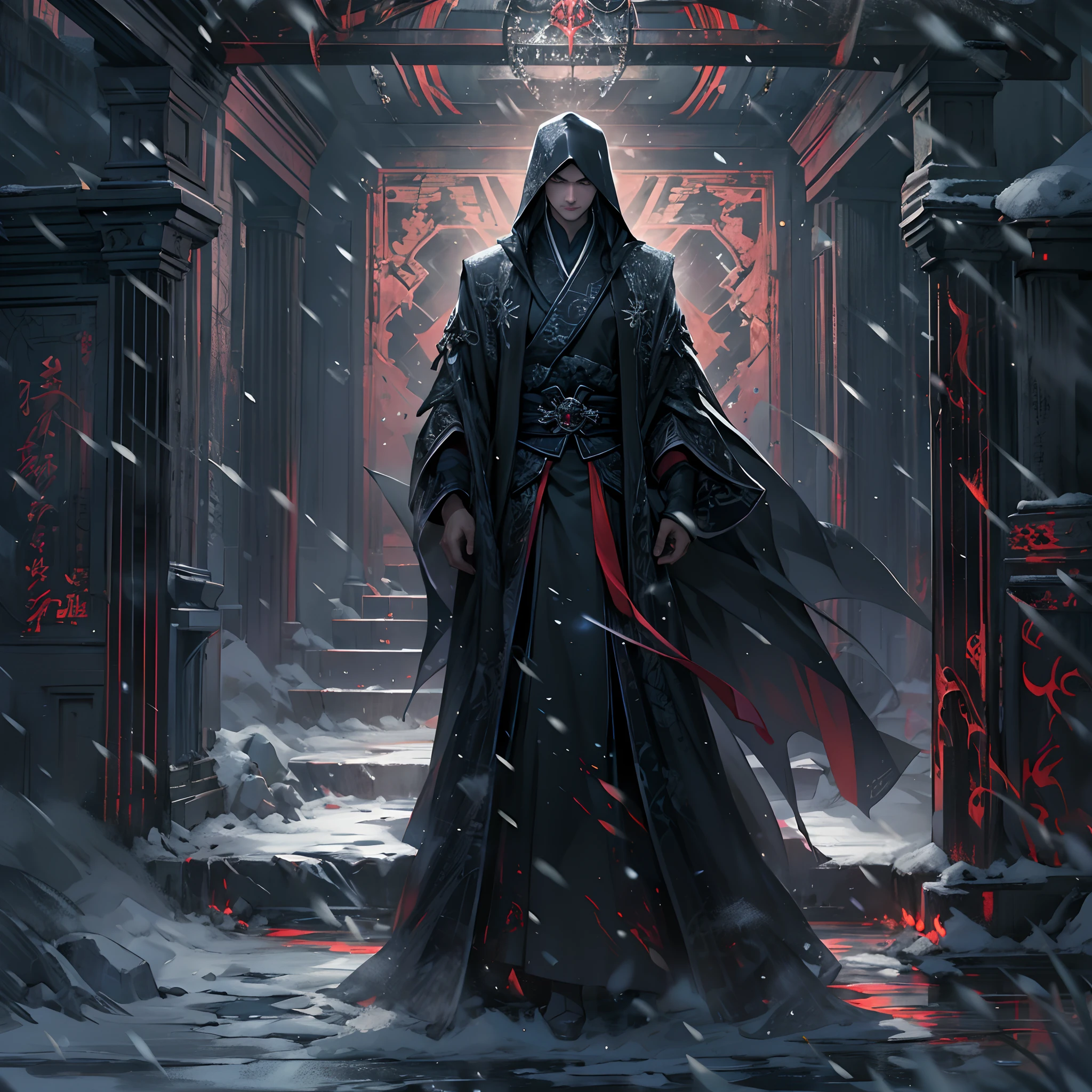 A tall man enters the room, surrounded by a chilling aura. He wears a black robe and has cold and sharp eyes, like an assassin in the snow. The temperature in the room drops instantly, with a sense of coldness in the air. ,in the style of the stars art group xing xing, 32k, best quality, masterpiece, super detail, high details