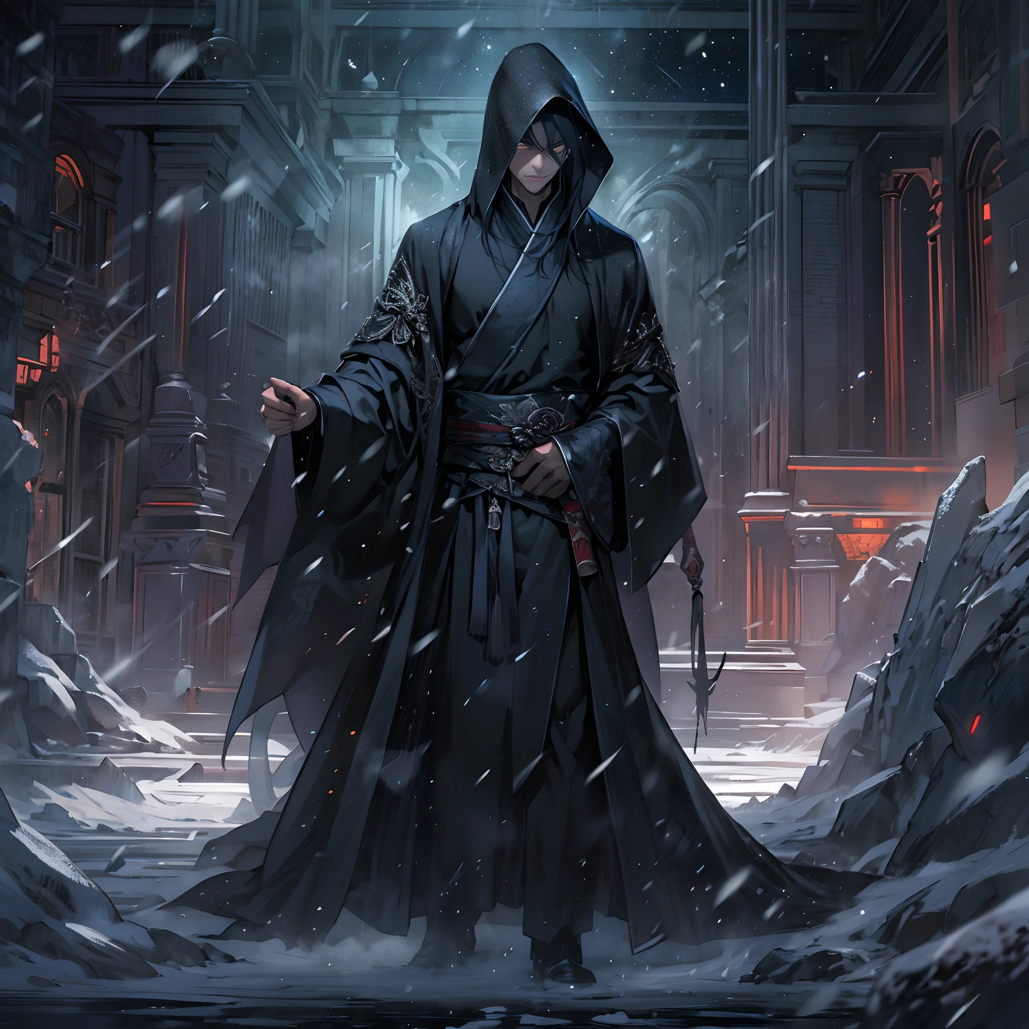 A tall man enters the room, surrounded by a chilling aura. He wears a black robe and has cold and sharp eyes, like an assassin in the snow. The temperature in the room drops instantly, with a sense of coldness in the air. ,in the style of the stars art group xing xing, 32k, best quality, masterpiece, super detail, high details