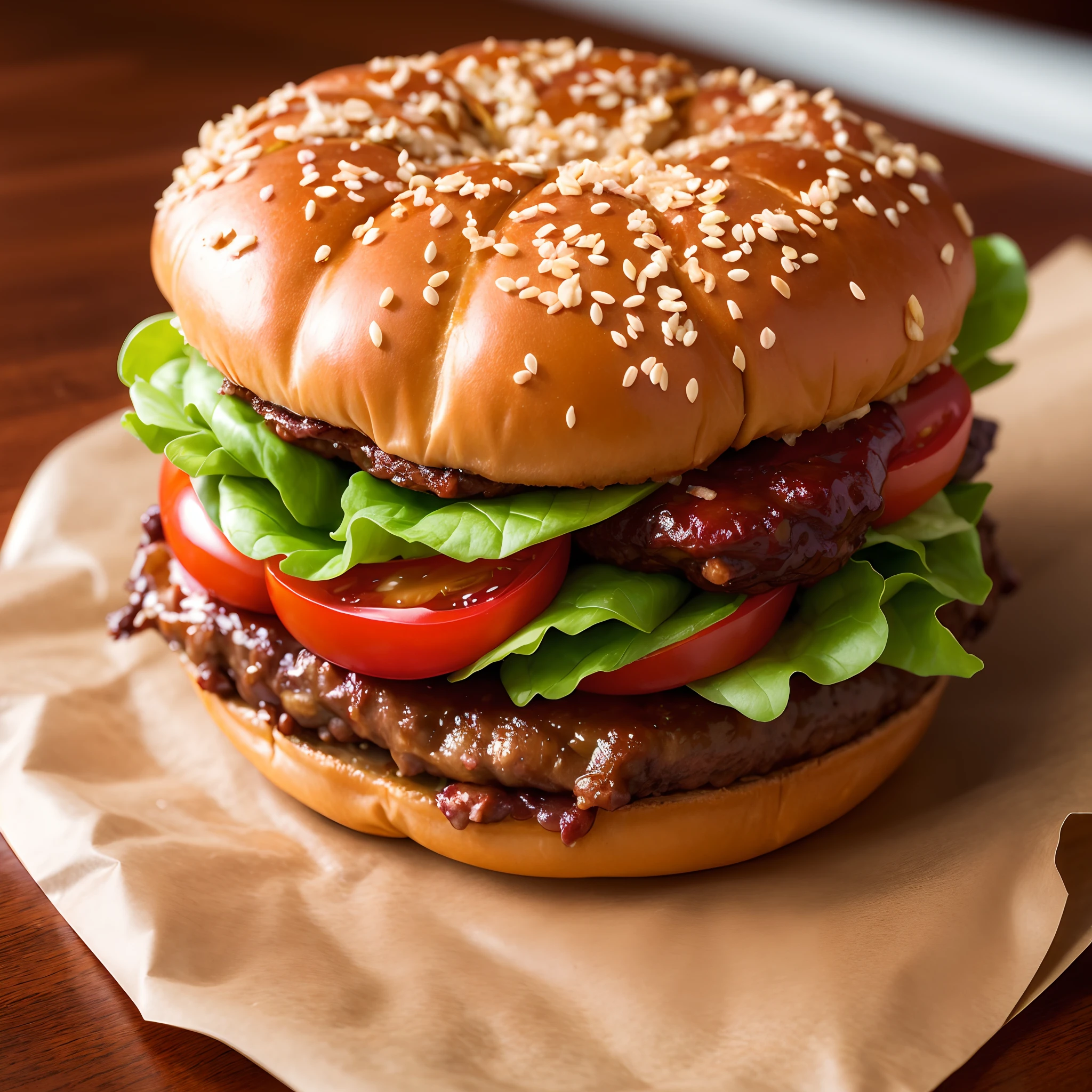 best quality, ultra high res, (photorealistic:1.4), ultra-detailed,incredibly detailed, foil package, big mac, fried meat, wet lettuce, melting cheese, juice tomato