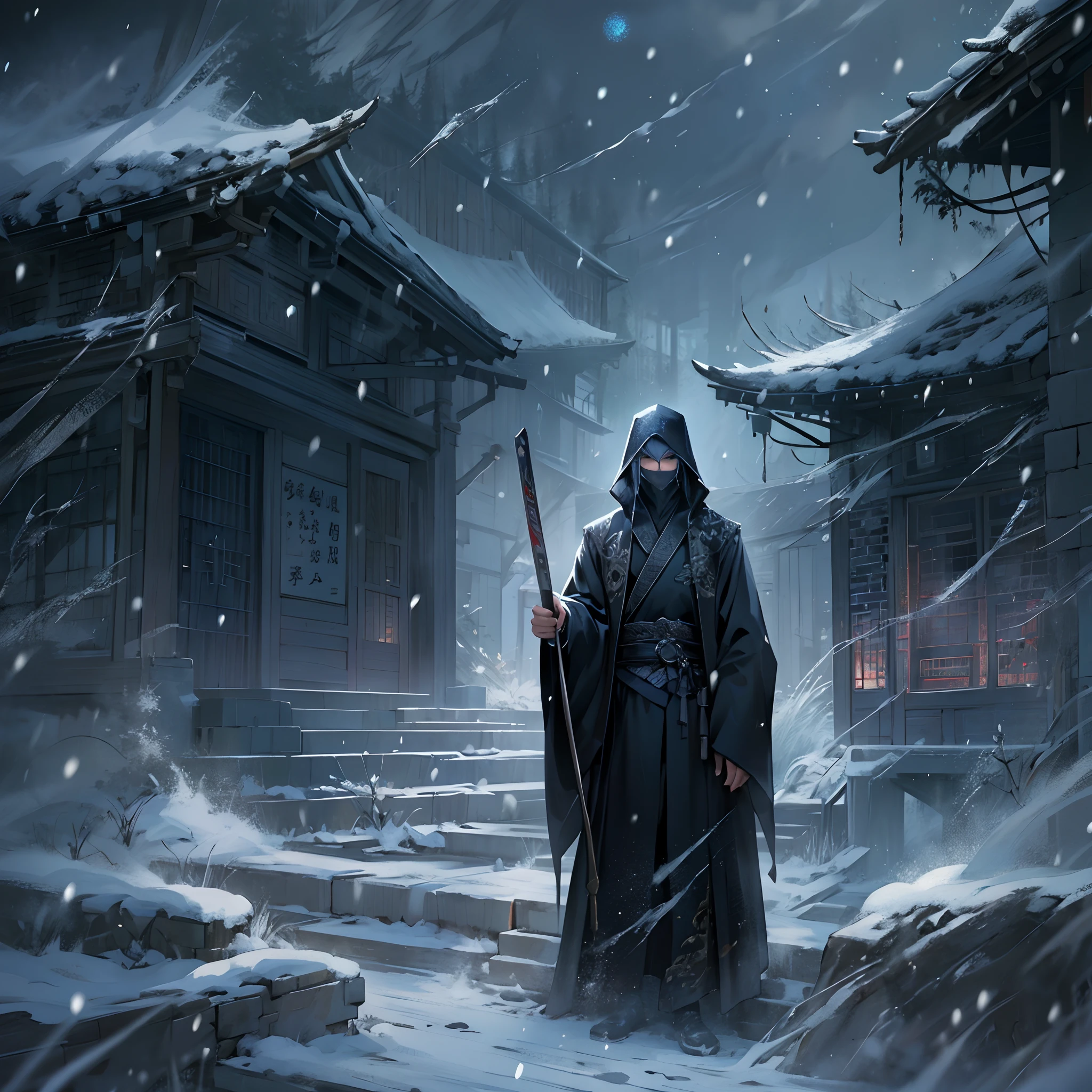 A tall man enters the room, surrounded by a chilling aura. He wears a black robe and has cold and sharp eyes, like an assassin in the snow. The temperature in the room drops instantly, with a sense of coldness in the air. ,in the style of the stars art group xing xing, 32k, best quality, masterpiece, super detail, high details