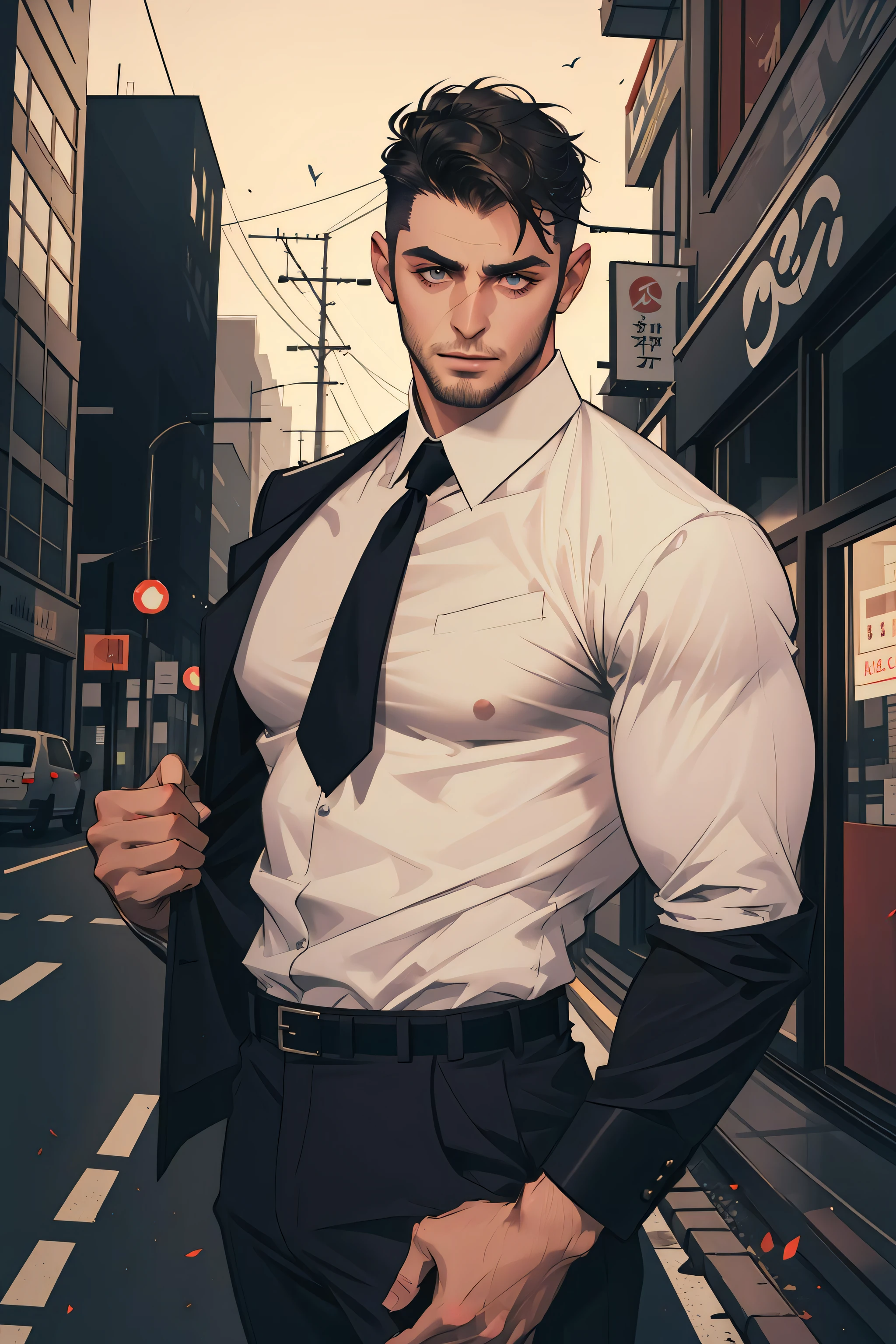 (masterpiece, best quality), 1 male, mature, aged up:1.4, tall muscular guy, broad shoulders, finely detailed eyes and detailed face, best ratio four finger and one thumb, best light and shadow, very short hair, undercut, mercenary, suit, morden urban landscape