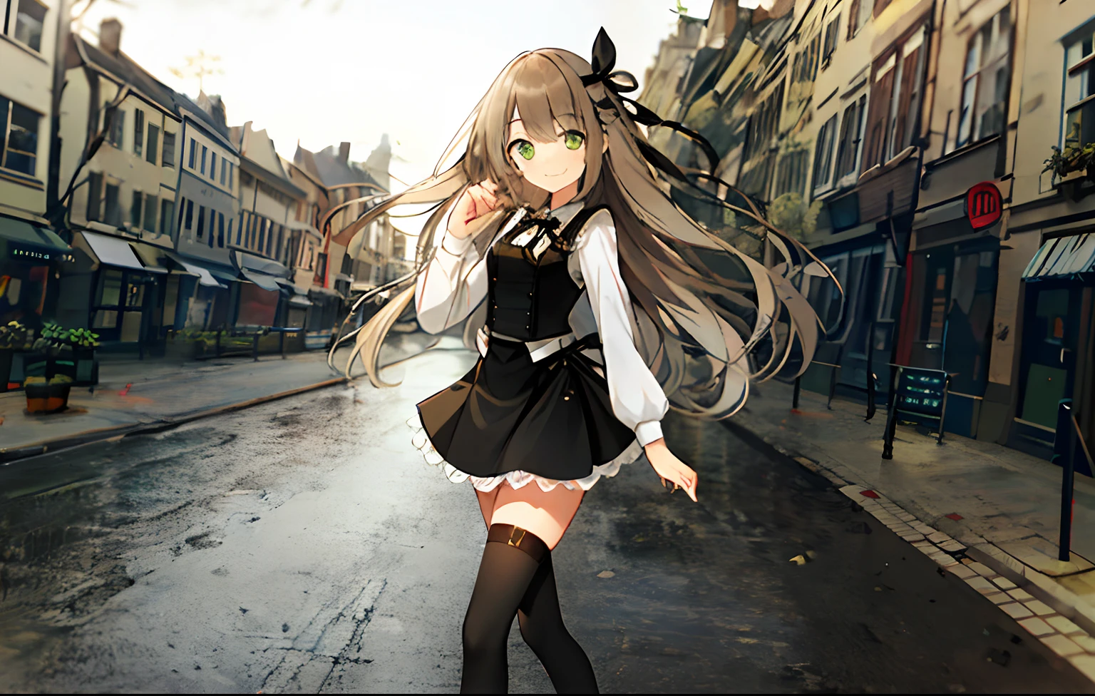 offcial art,1girll, Long hair, Solo, view the viewer, standing,Smile,Green eyes, black thighhigns, Black vest,Hair ribbon, Liu_,Building,Smile, (Dutch angle:0.8), Closed mouth,Outdoors,City,looks away,High contrast,A high resolution,