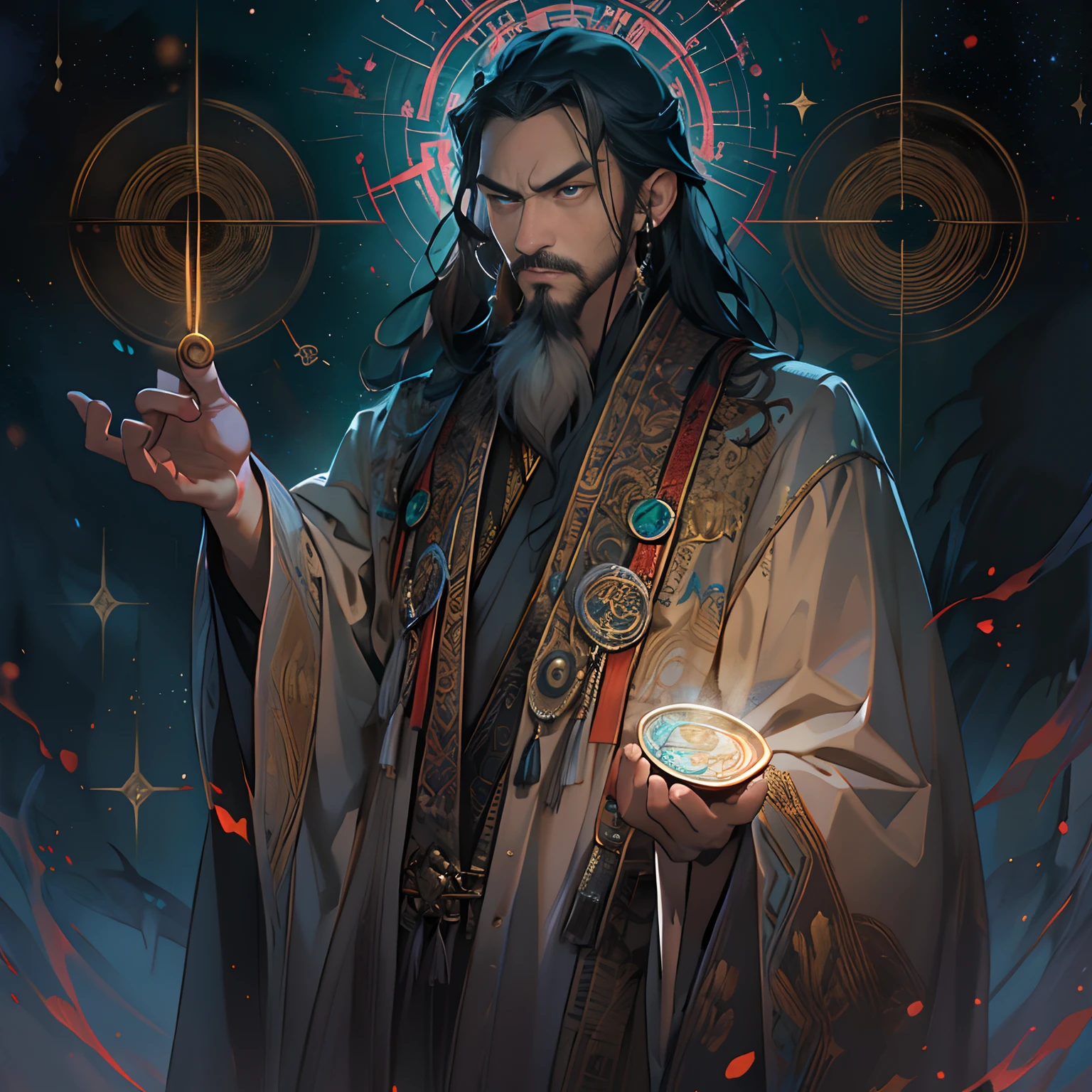 A tall man standing in front of me, holding a talisman in his hand, his brow furrowed, and his gaze focused on me, surrounded by a mysterious aura, as if a divine power is waiting to be unleashed.,in the style of the stars art group xing xing, 32k, best quality, masterpiece, super detail, high details