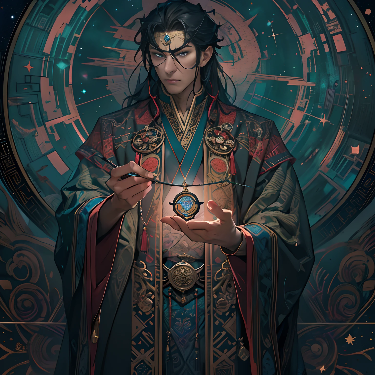 A tall man standing in front of me, holding a talisman in his hand, his brow furrowed, and his gaze focused on me, surrounded by a mysterious aura, as if a divine power is waiting to be unleashed.,in the style of the stars art group xing xing, 32k, best quality, masterpiece, super detail, high details