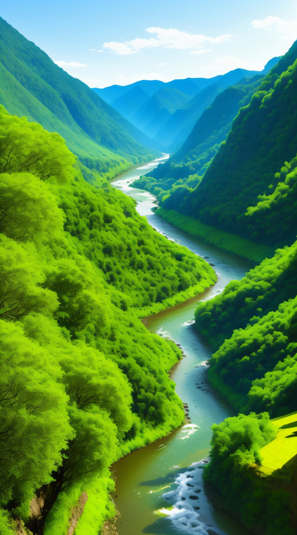 The Aalfite landscape of the river flowing through a lush green valley, mountains river trees, gorge in the mountain, lush forest in valley below, rios、Trees and hills, forest and river, Mountains and rivers, scenic view of river, Majestic nature, river with stunning water, overlooking river aufidius italy, with trees and rivers, Valle exuberante