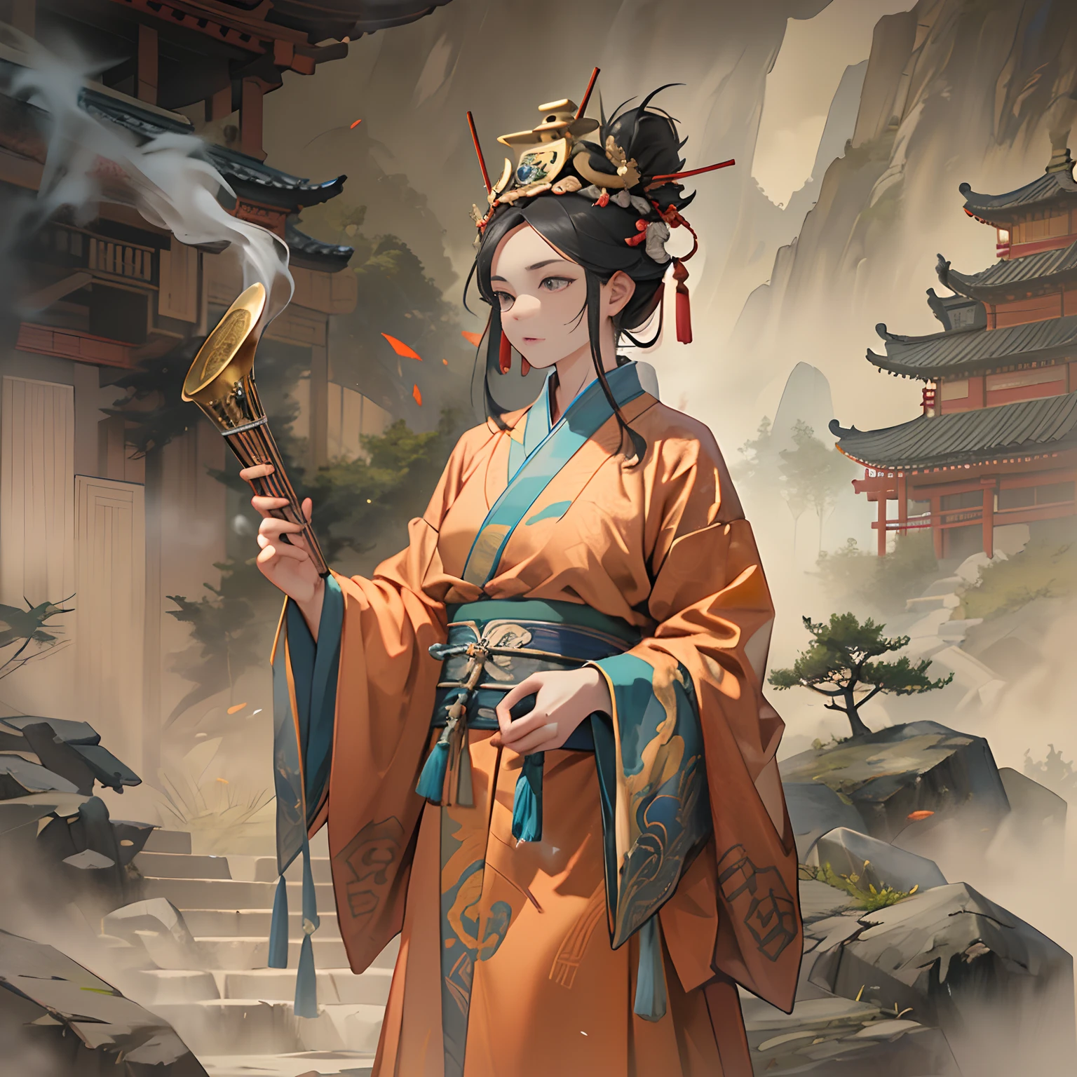 A young woman dressed in a Daoist robe, wearing a Daoist crown on her head and holding a ritual instrument in her hand. Her face is solemn, with deep and profound eyes. Surrounding her is the ancient and mysterious scenery of a Taoist temple, with smoke lingering and winding stone steps.