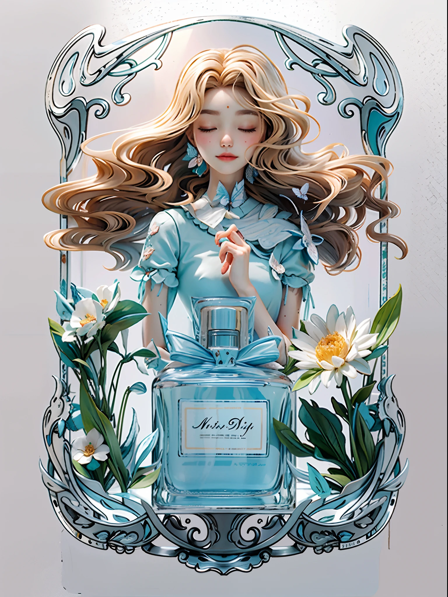 Best quality, Masterpiece, 超高分辨率, (Futuristic realism: 1.3), Ultra-clear facial details, (intricately details, Ultra detailed: 1.2), 1 girl (Eyes closed: 2), Blonde hair (Clear glass bottle: 1.4), Reflection (flower: 1.2), (Butterfly: 1.2) 1.1), Long hair, White, Holding flowers, The object,(Butterfly :1.1),(Soft light :1.1) Mountain background