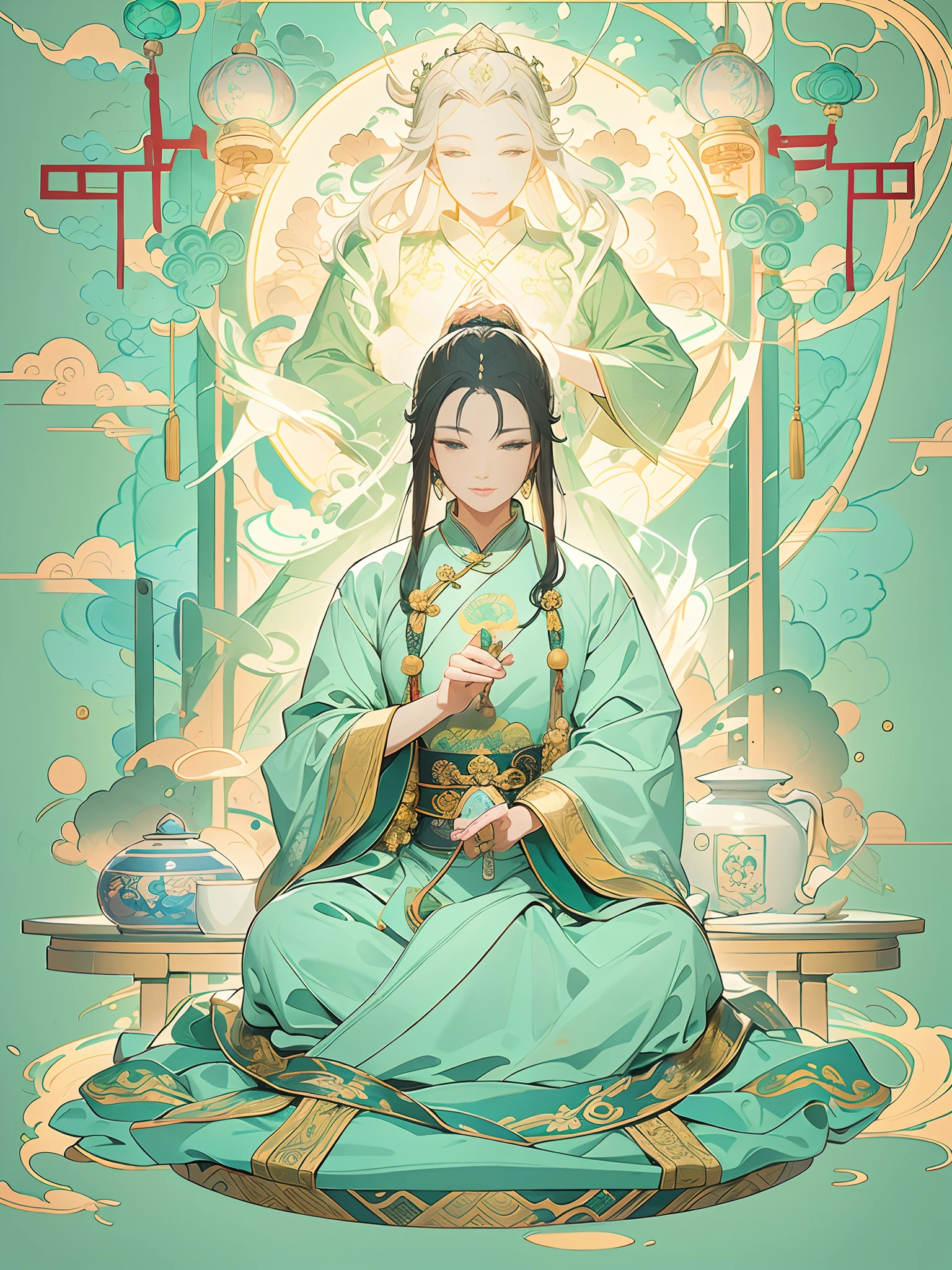 by zhao ji, close up view,Taoist，China-style，Oriental elements，The Taoist nun sitting cross legged in front of the shining Taoist, mint green,minimalism painting,simple shapes, clearn smooth outline, (Soft Lighting, Bokeh)