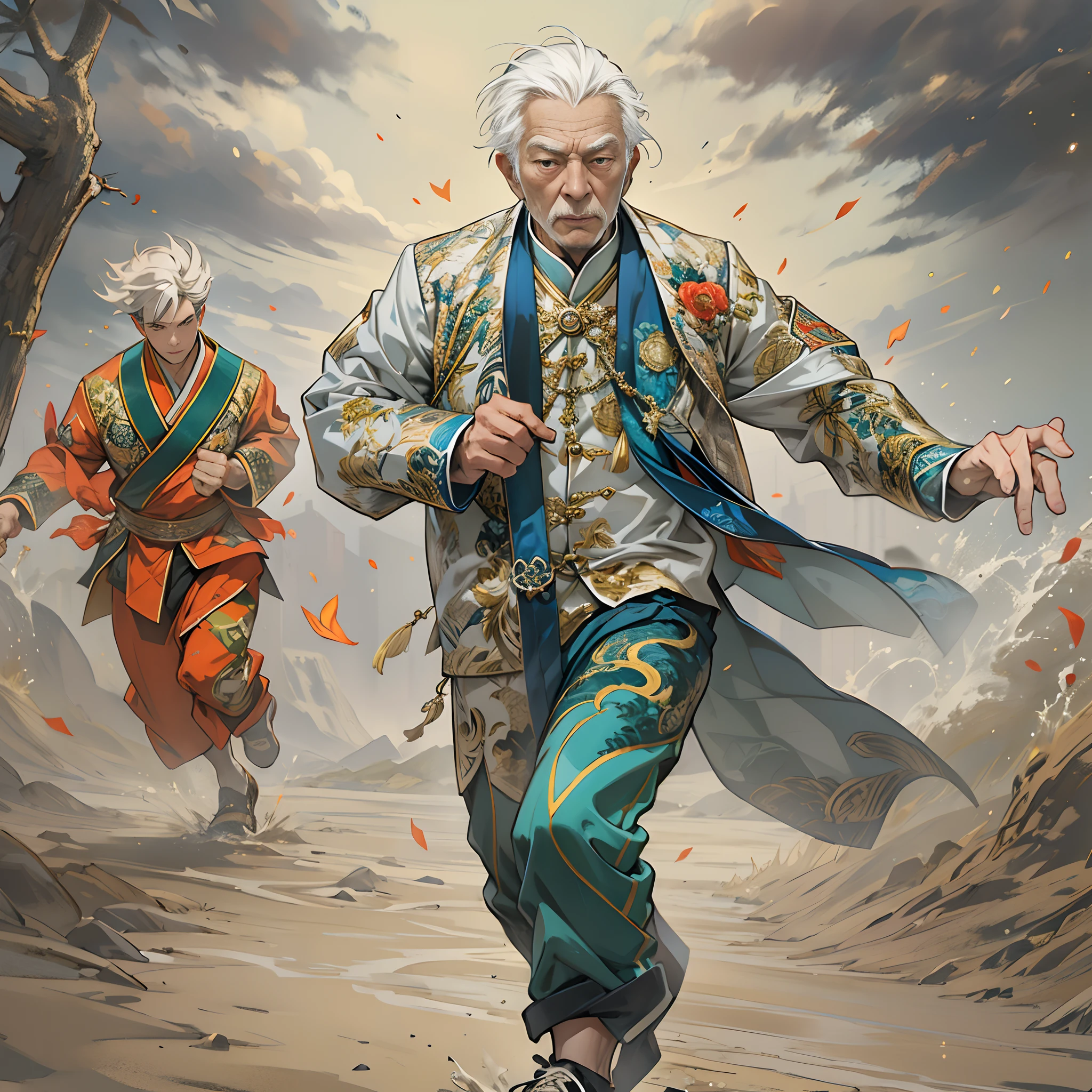 An elderly man with white hair wearing a neat Zhongshan suit, adorned with several shiny medals, running in hastily without any signs of breathlessness, ,in the style of the stars art group xing xing, 32k, best quality, masterpiece, super detail, high details