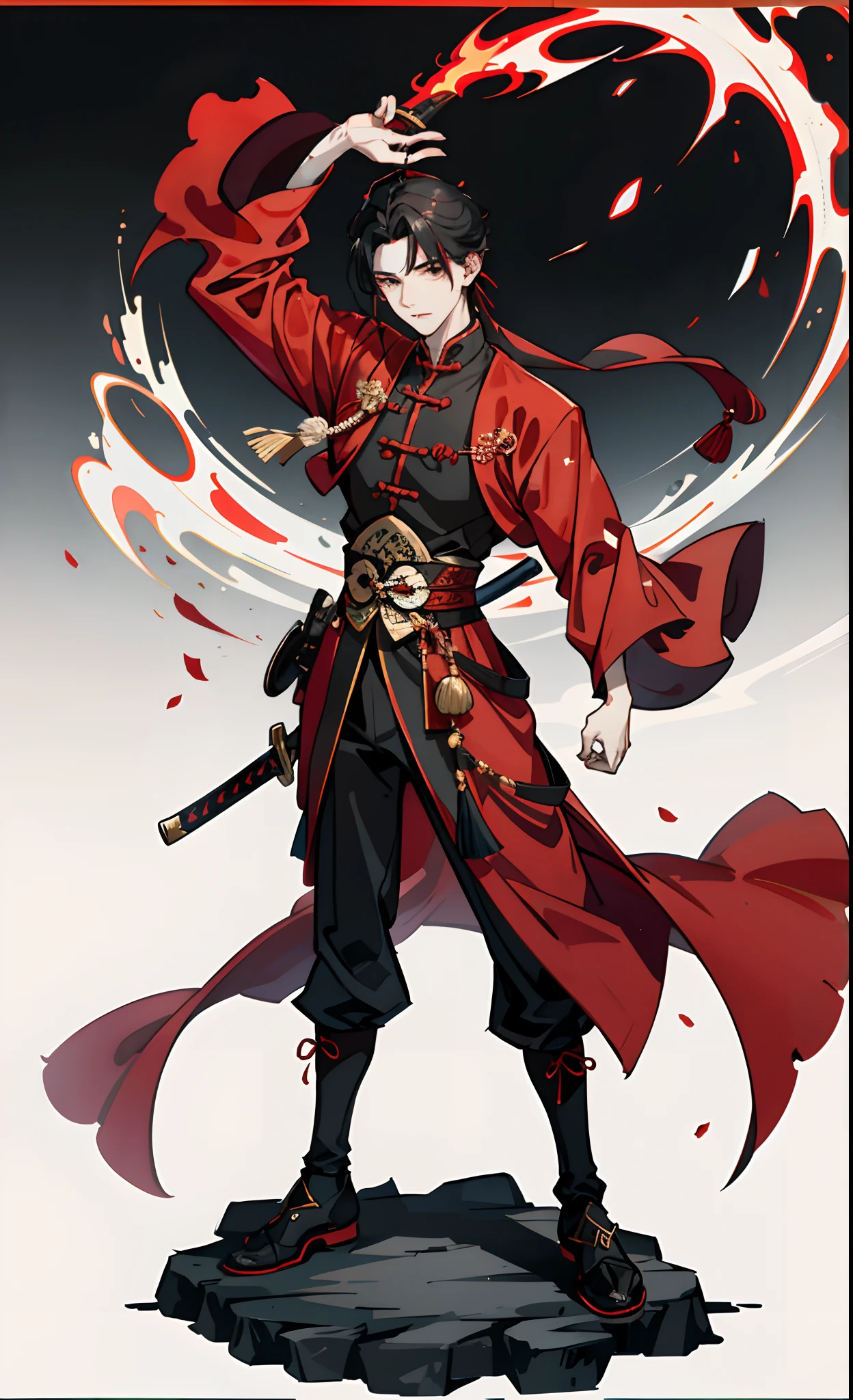 Red robe，Young male Taoist，Handsome，Cold，Junyi，standing on your feet，combats，Holding a copper money sword